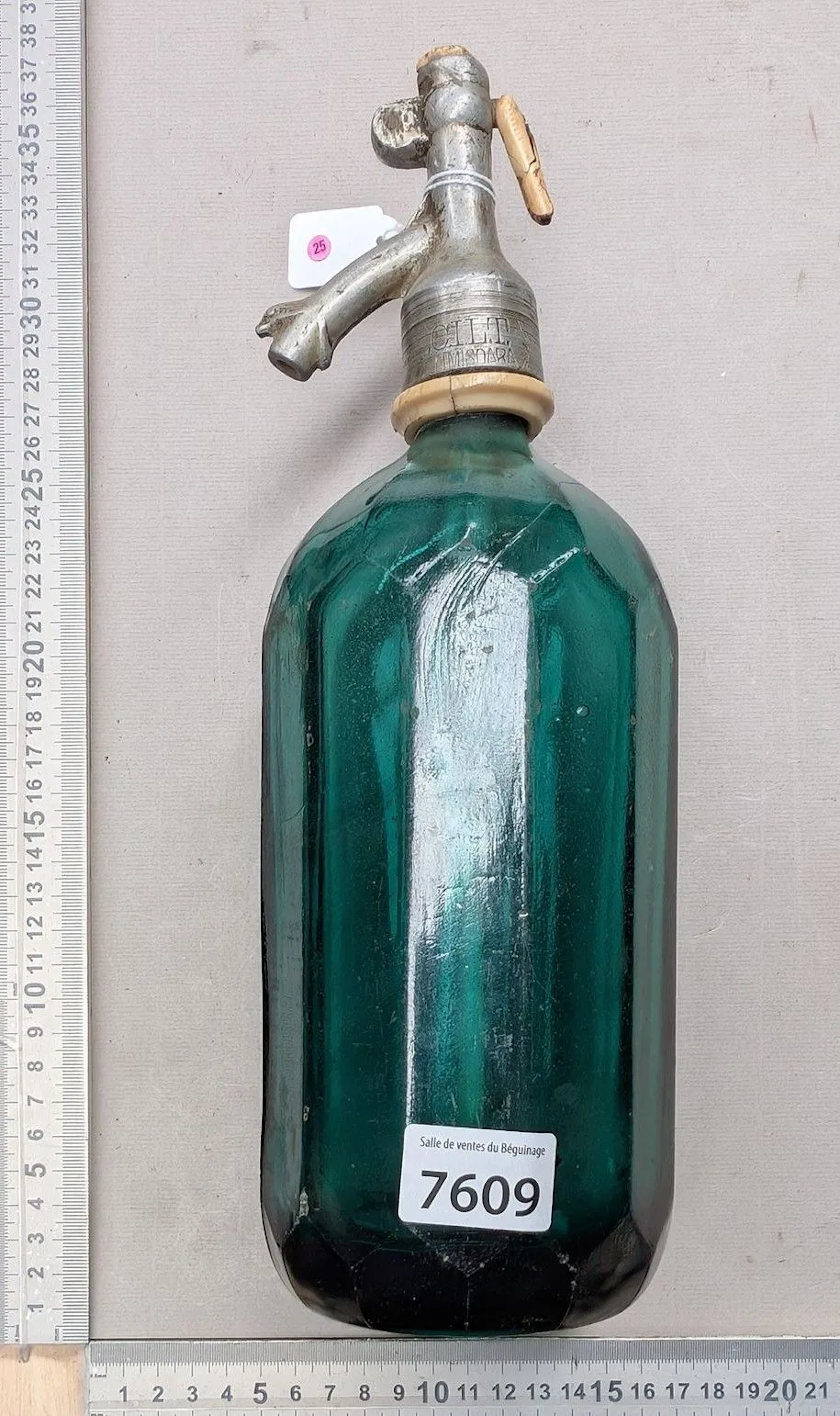A lightweight siphon bottle with tin trim—see photos for dimensions