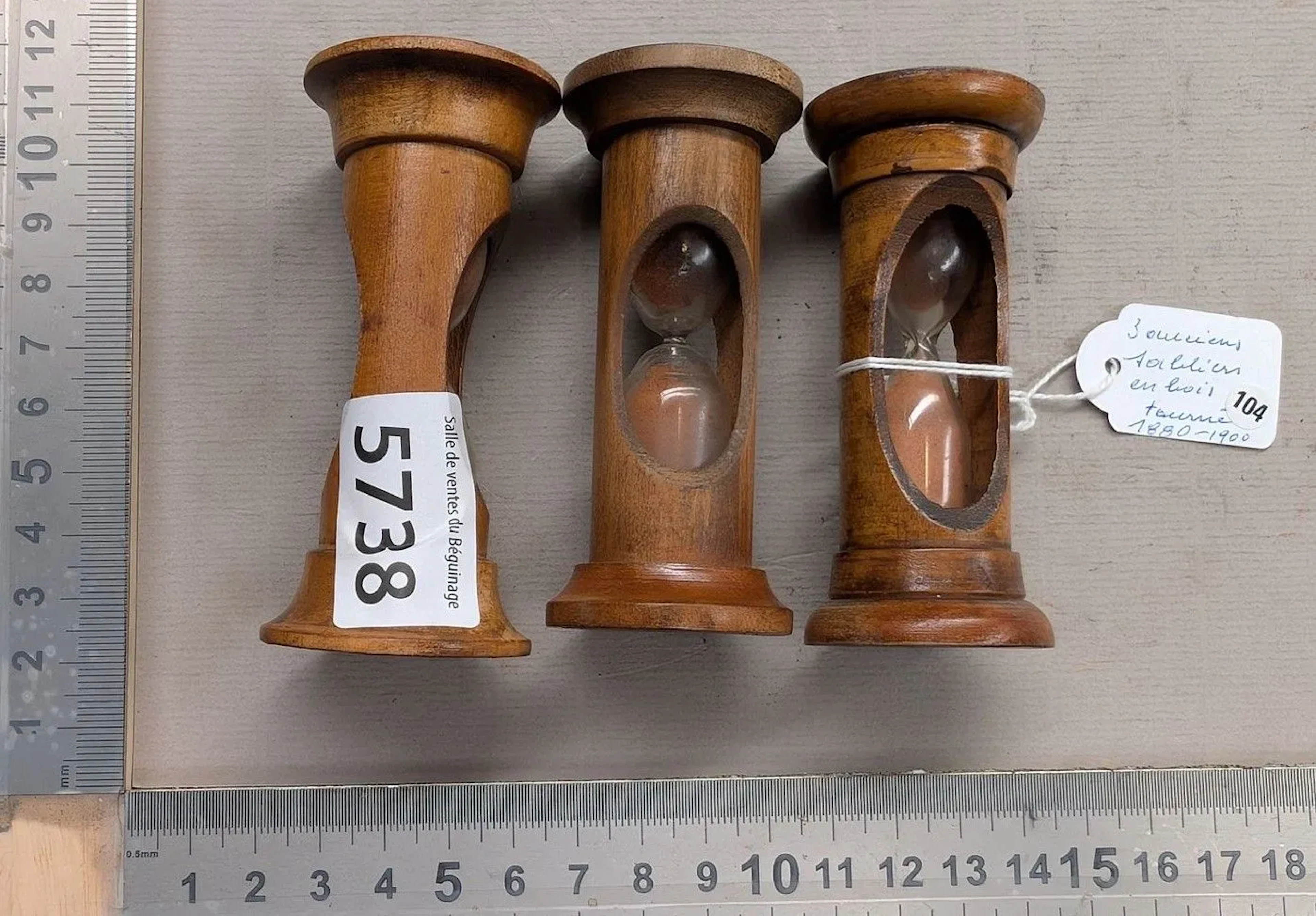 3 antique hourglasses made of wood and turned glass, circa 1880; still