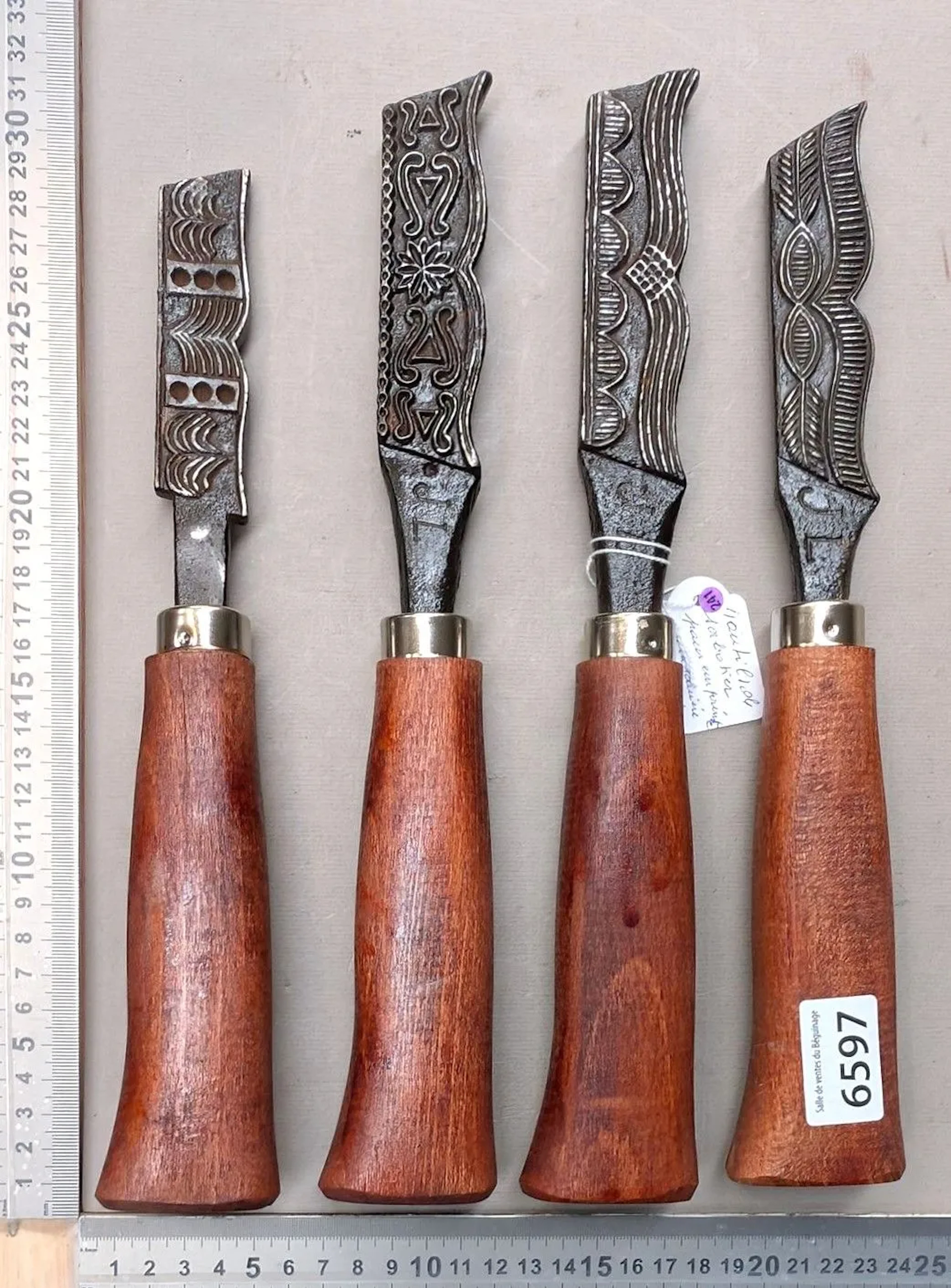 4 antique clog-maker's tools for making impressions on clog straps—see