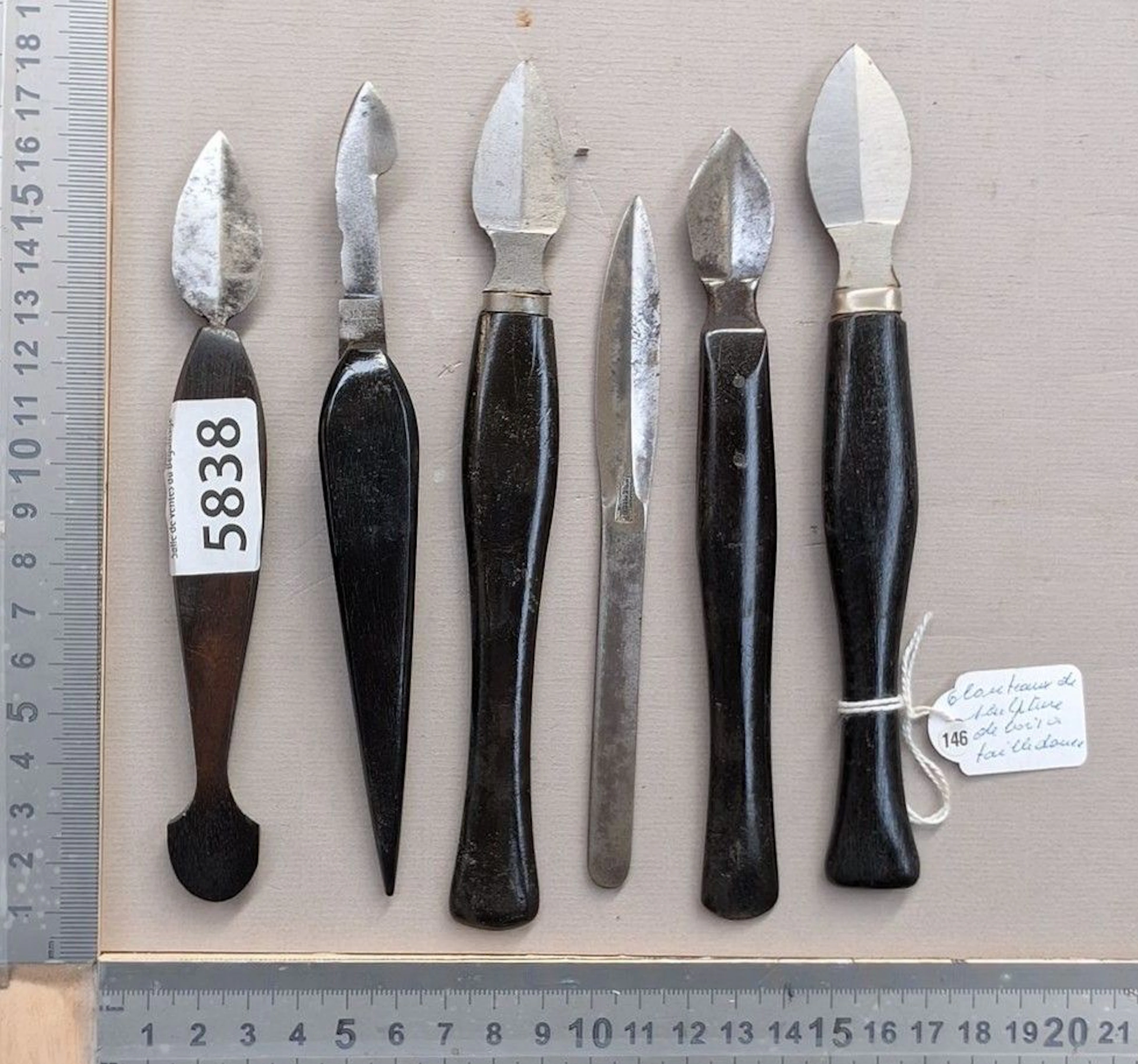 6 Woodcarving knives, ebony handles—see photos for dimensions and condition
