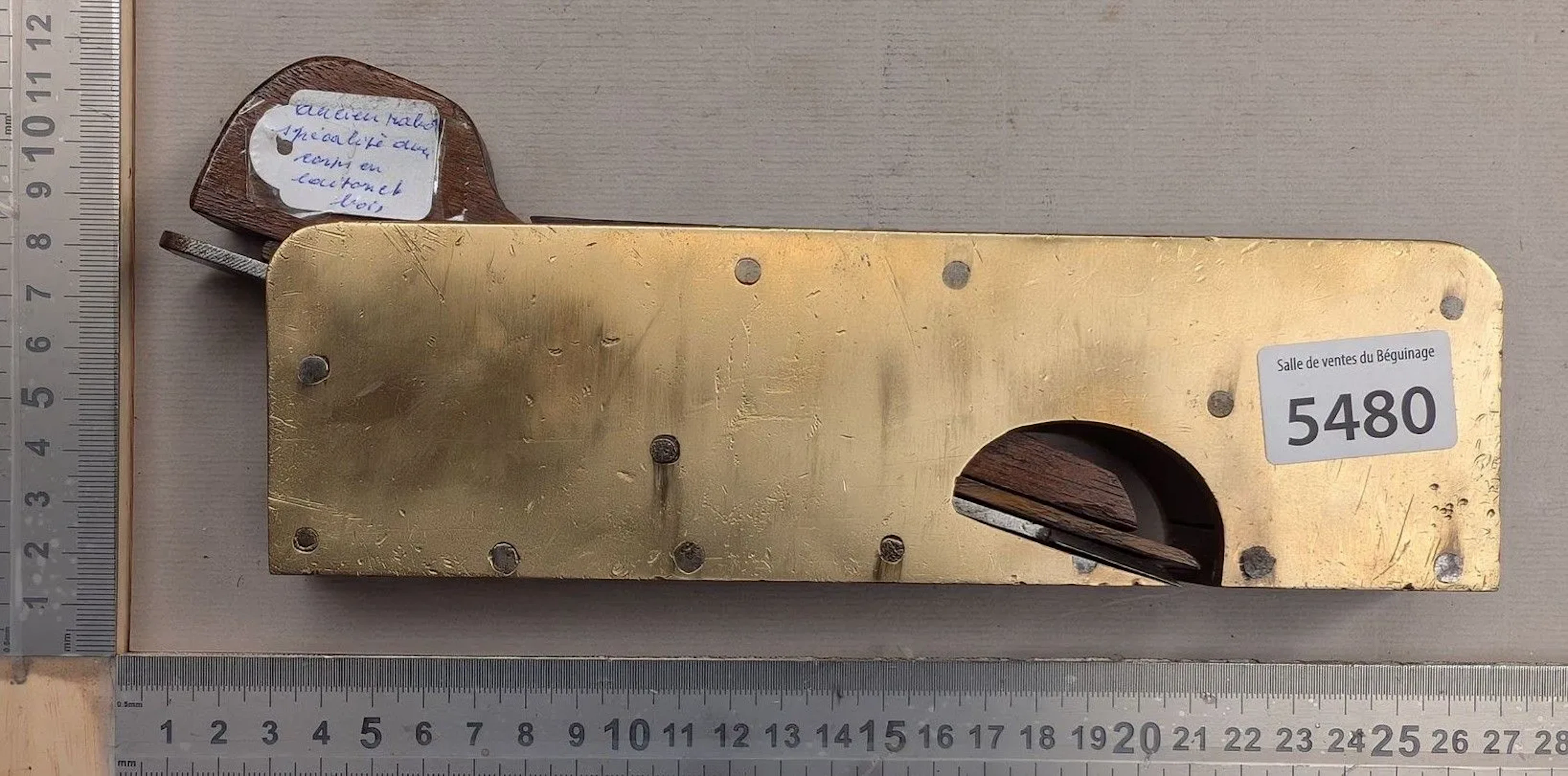Antique specialty plane with brass and wood body, 1830–1880—see photos