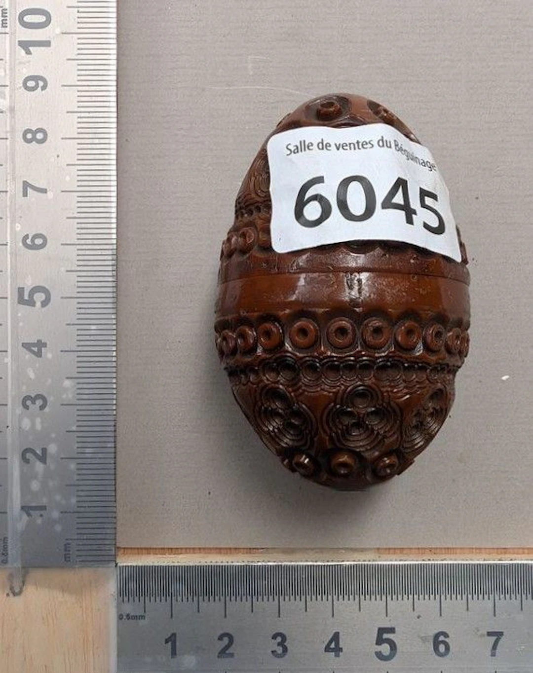 1 rare antique corozo shell with 3 wooden eggs inside—see photos for