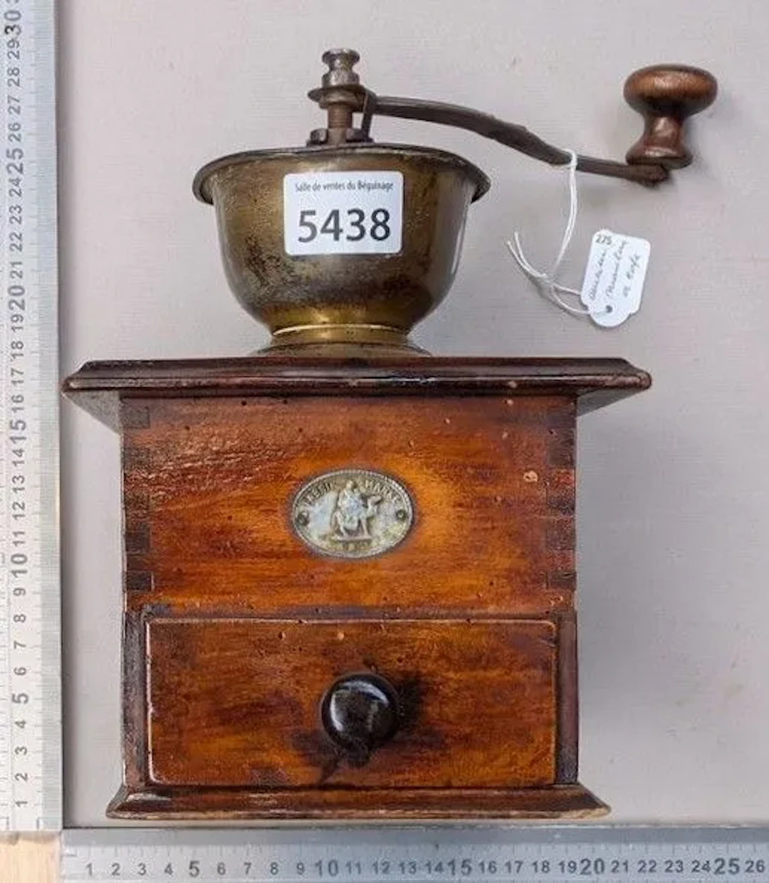 Antique 18th-century coffee grinder—see photos for dimensions and condition