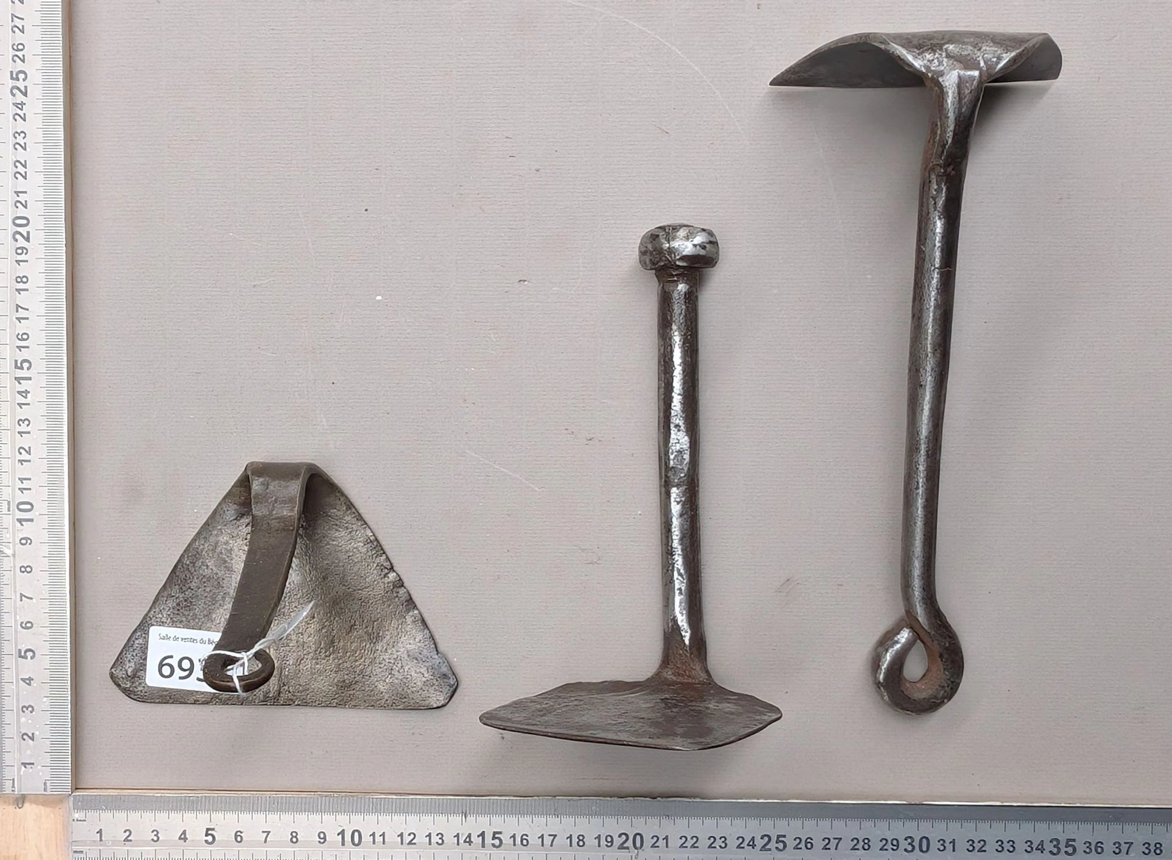 3 antique wrought-iron bakery scrapers—see photos for dimensions and condition