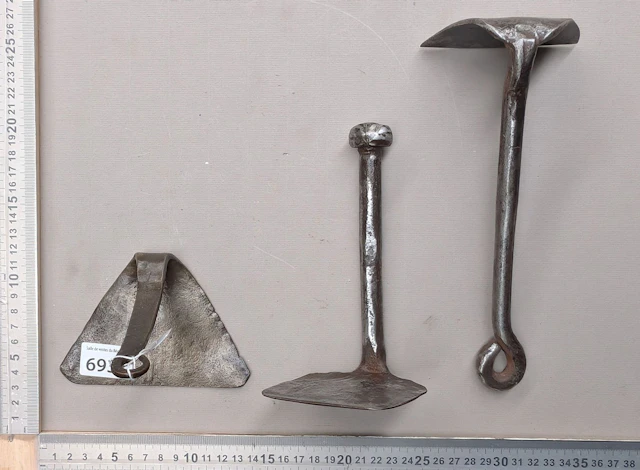 3 antique wrought-iron bakery scrapers—see photos for dimensions and condition