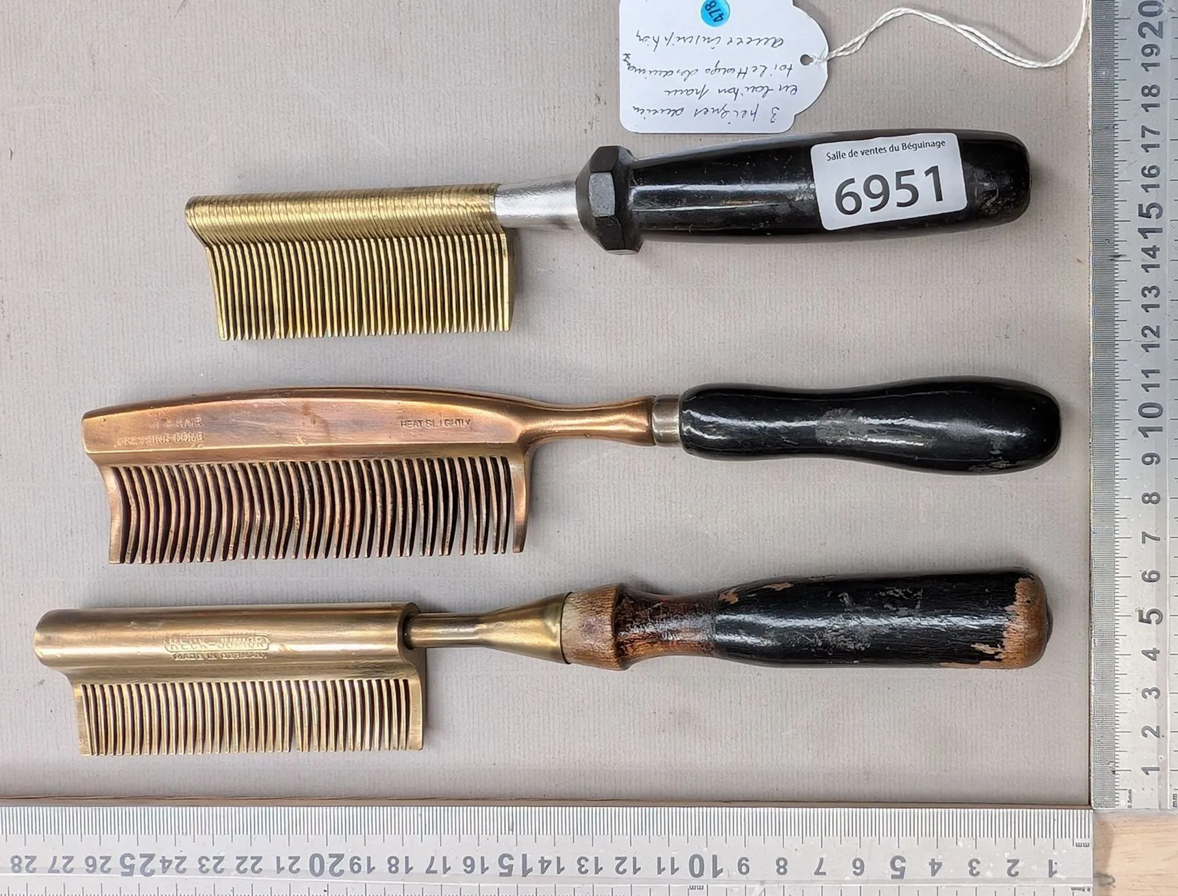 3 antique brass combs for grooming animals—see photos for dimensions
