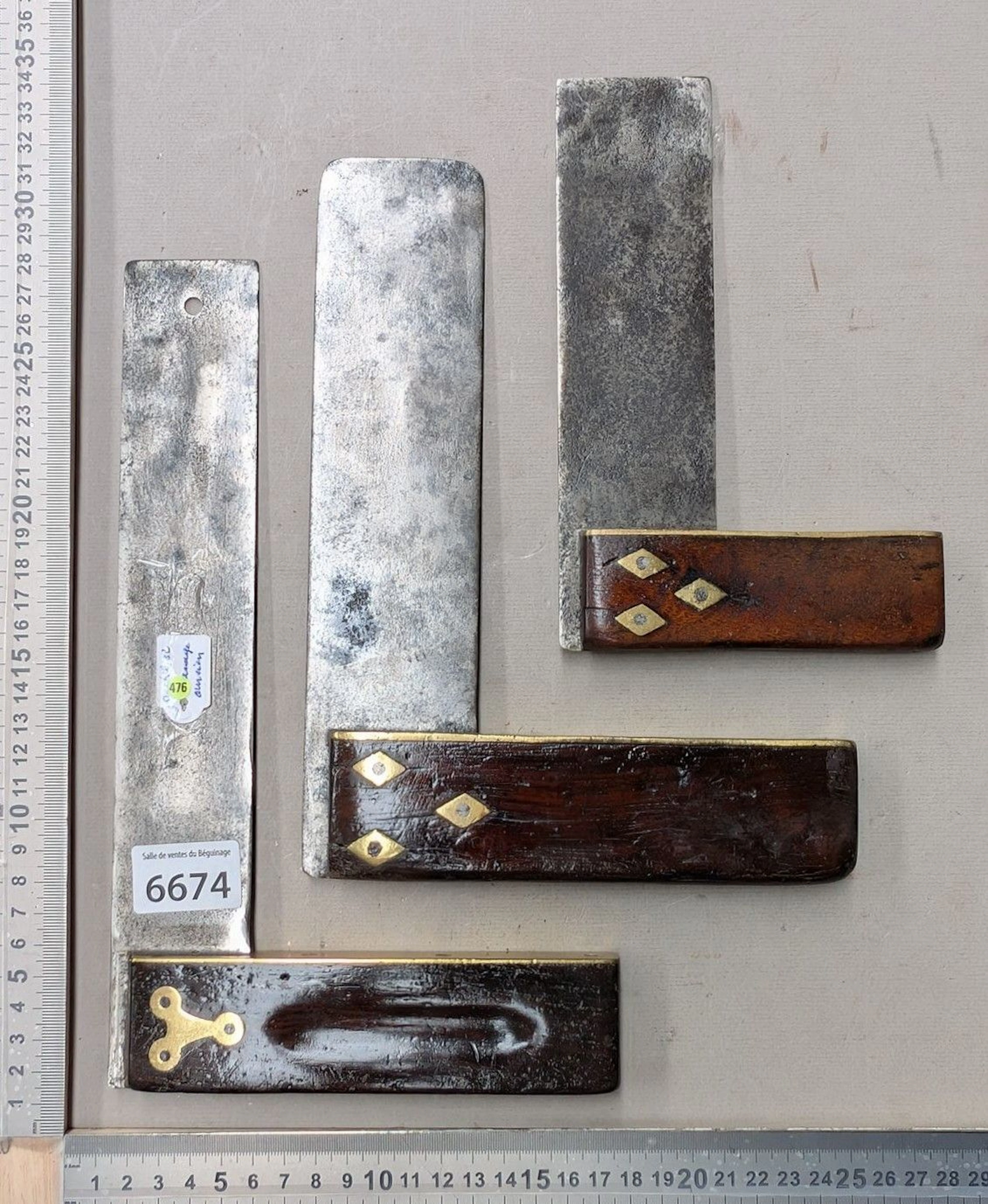 3 vintage wooden brass set squares—see photos for dimensions and condition