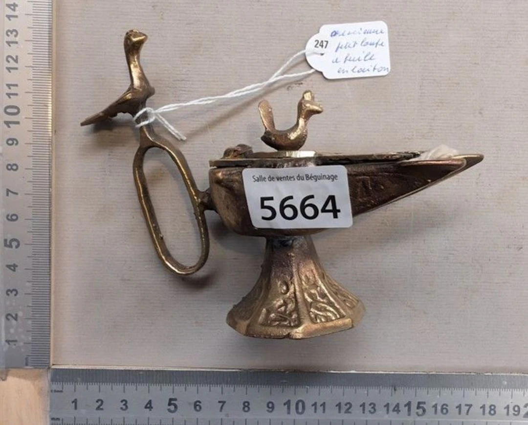 Antique small brass oil lamp—see photos for dimensions and condition