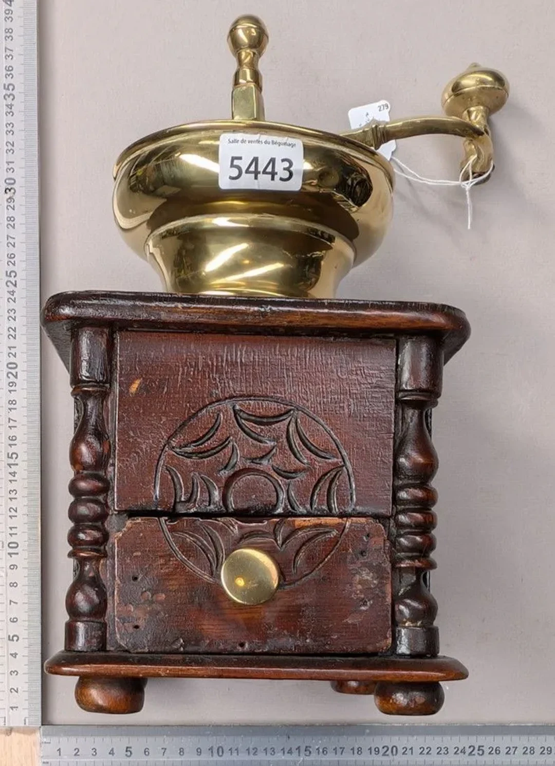 Antique 18th-century coffee grinder—see photos for dimensions and condition