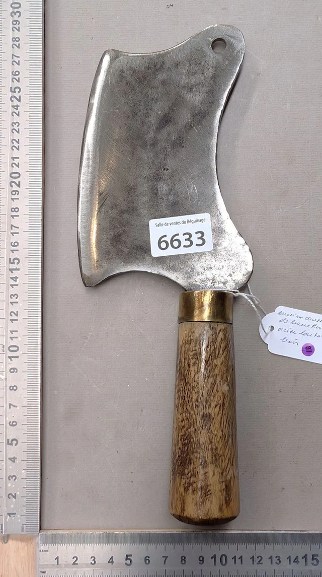 Steel and brass butcher's cleaver with wooden handle - See photos