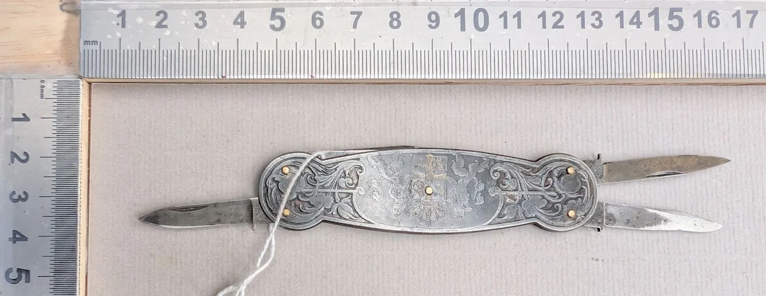 Vintage metal multi-purpose pocket knife—see photos for dimensions