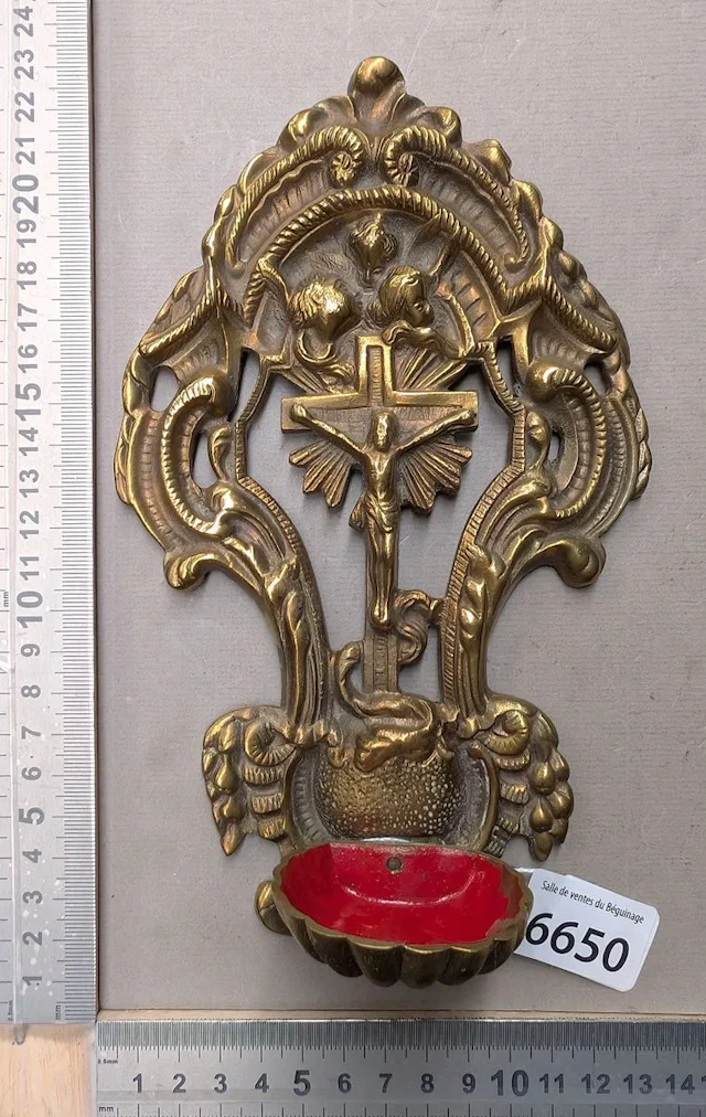 1 bronze holy water font—see photos for dimensions and condition