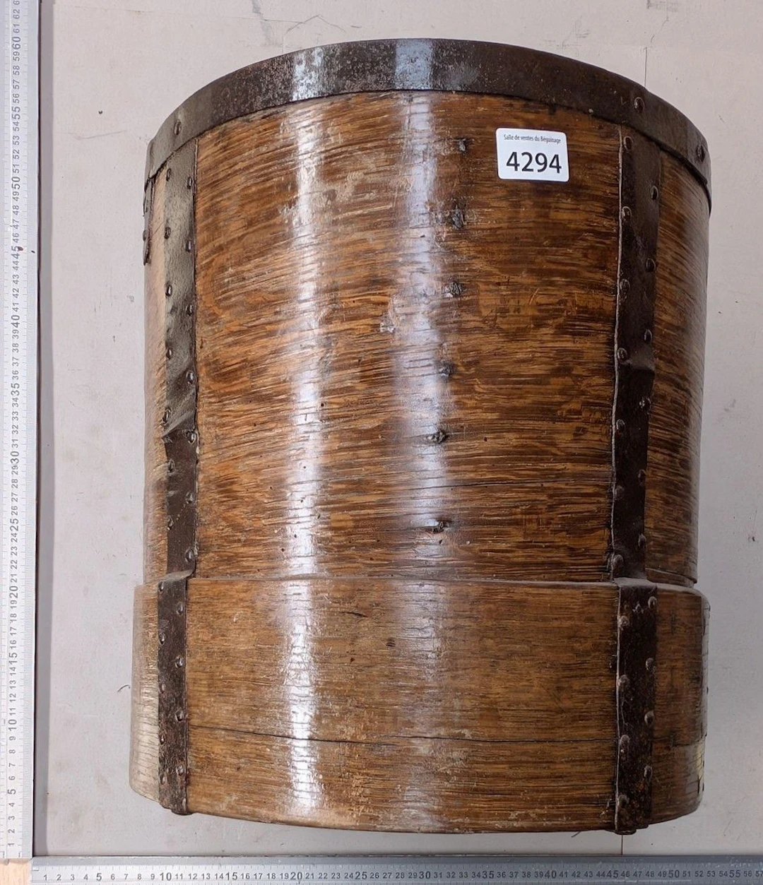 Antique wooden and wrought-iron grain measure—see photos for dimensions