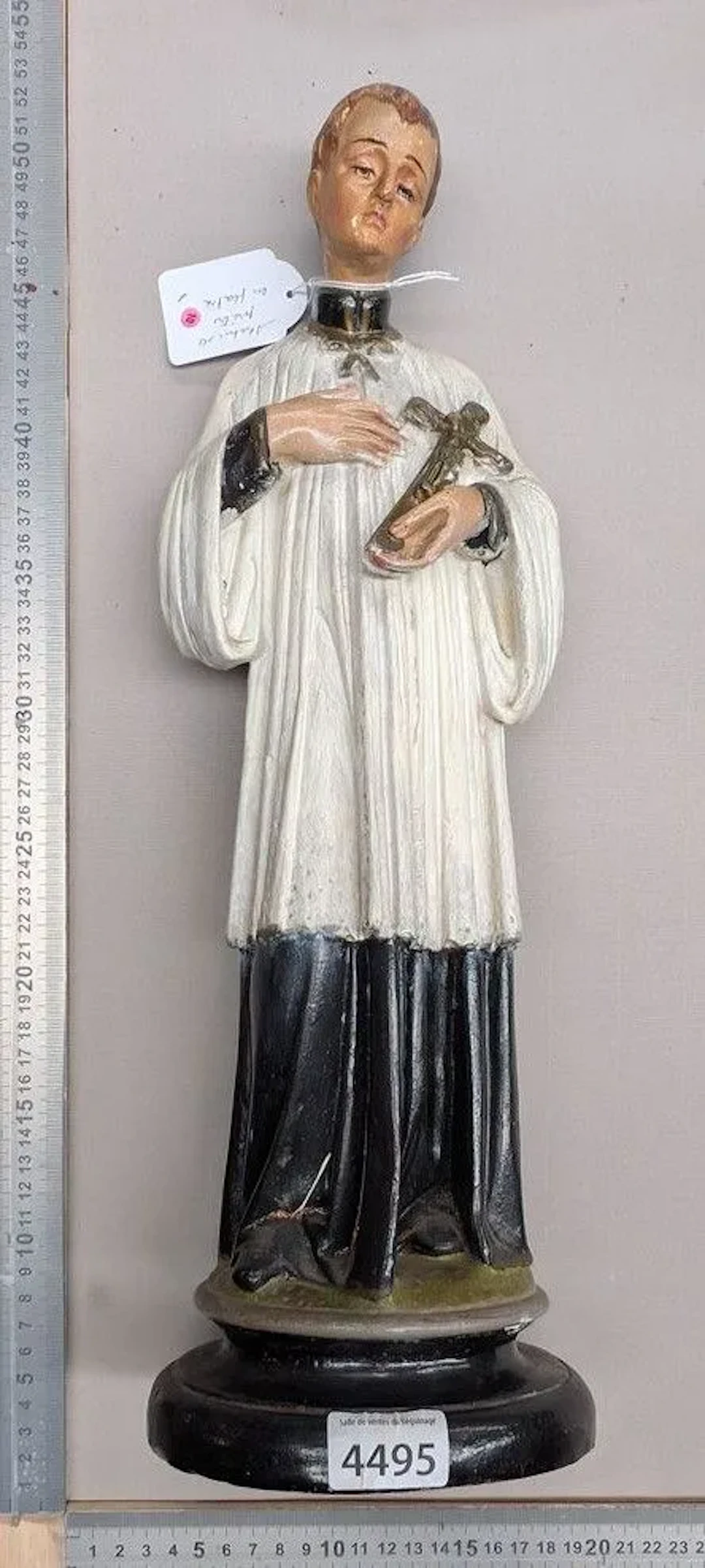 Plaster statue of a priest—see photos for dimensions and condition