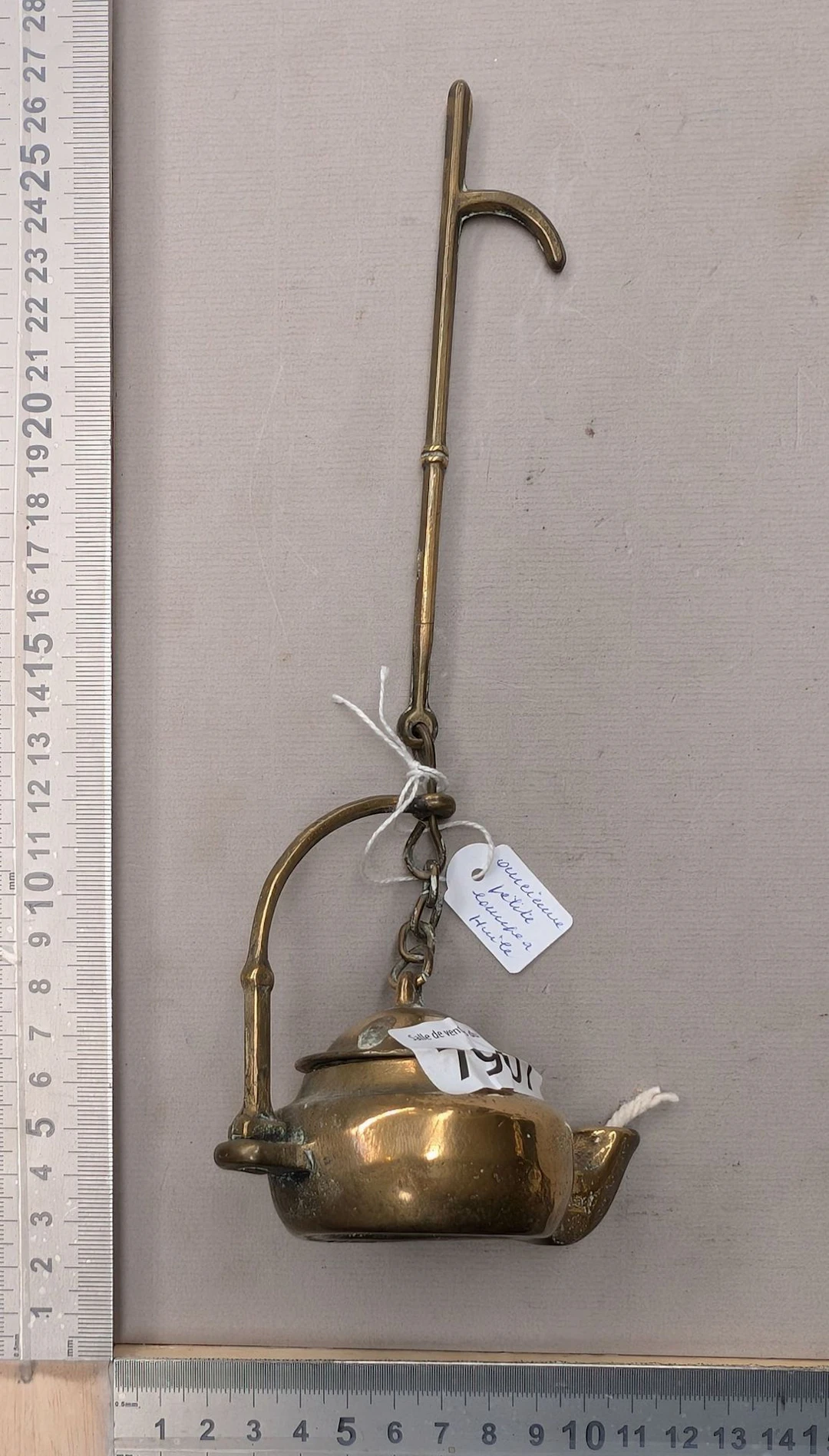 Antique small bronze oil lamp—see photos for dimensions and condition