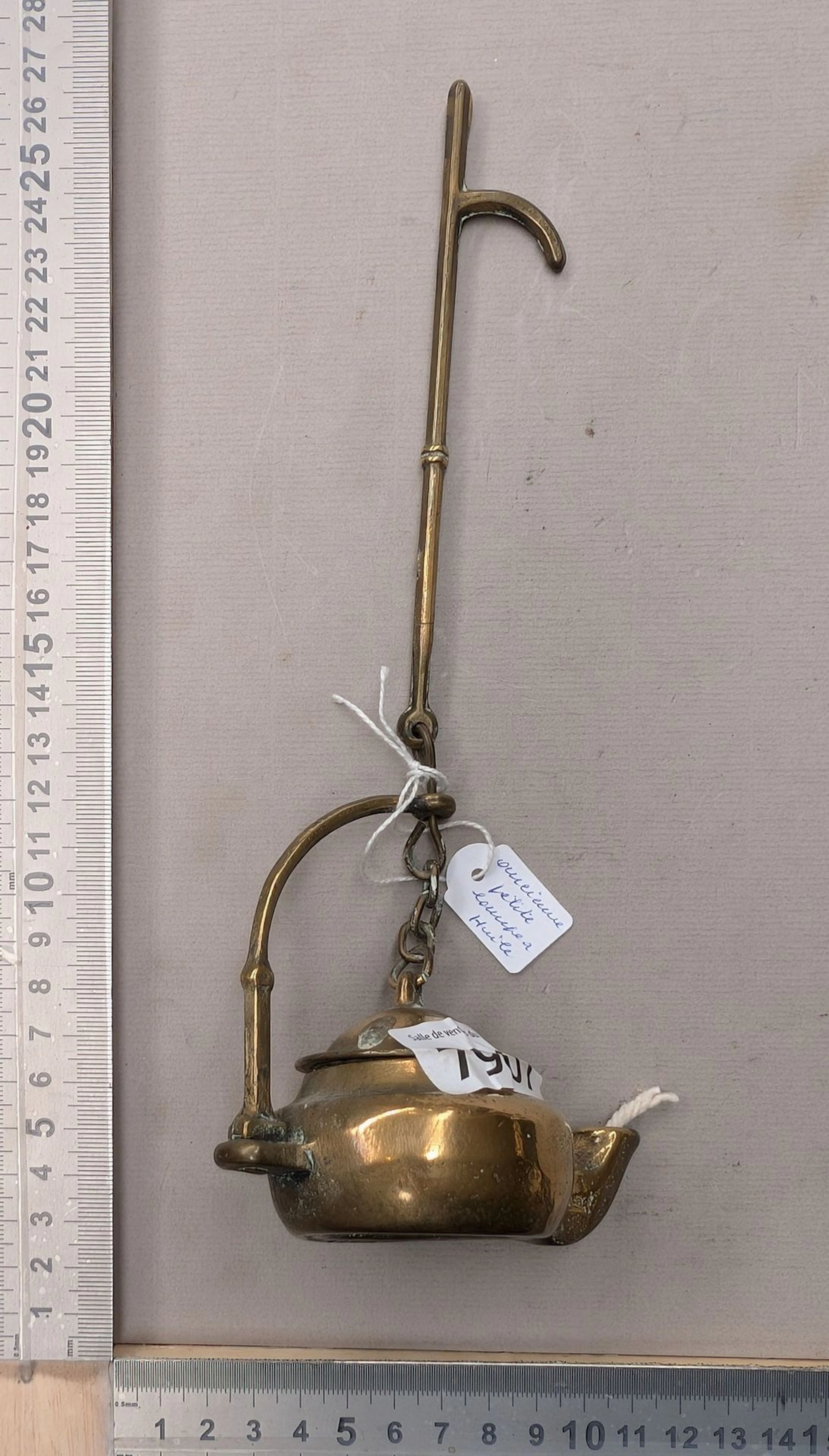 Antique small bronze oil lamp—see photos for dimensions and condition