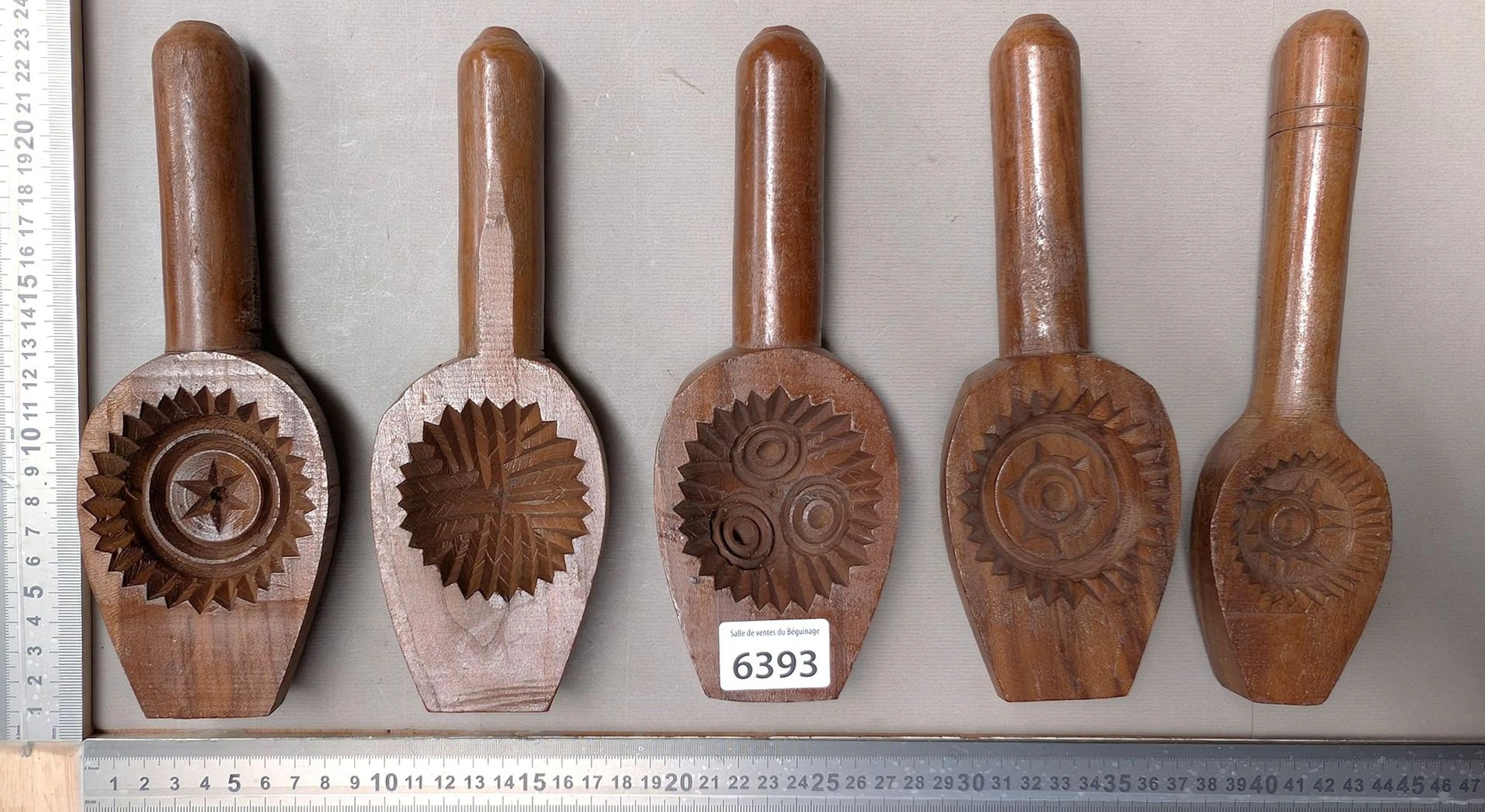 5 small antique butter molds—see photos for dimensions and condition