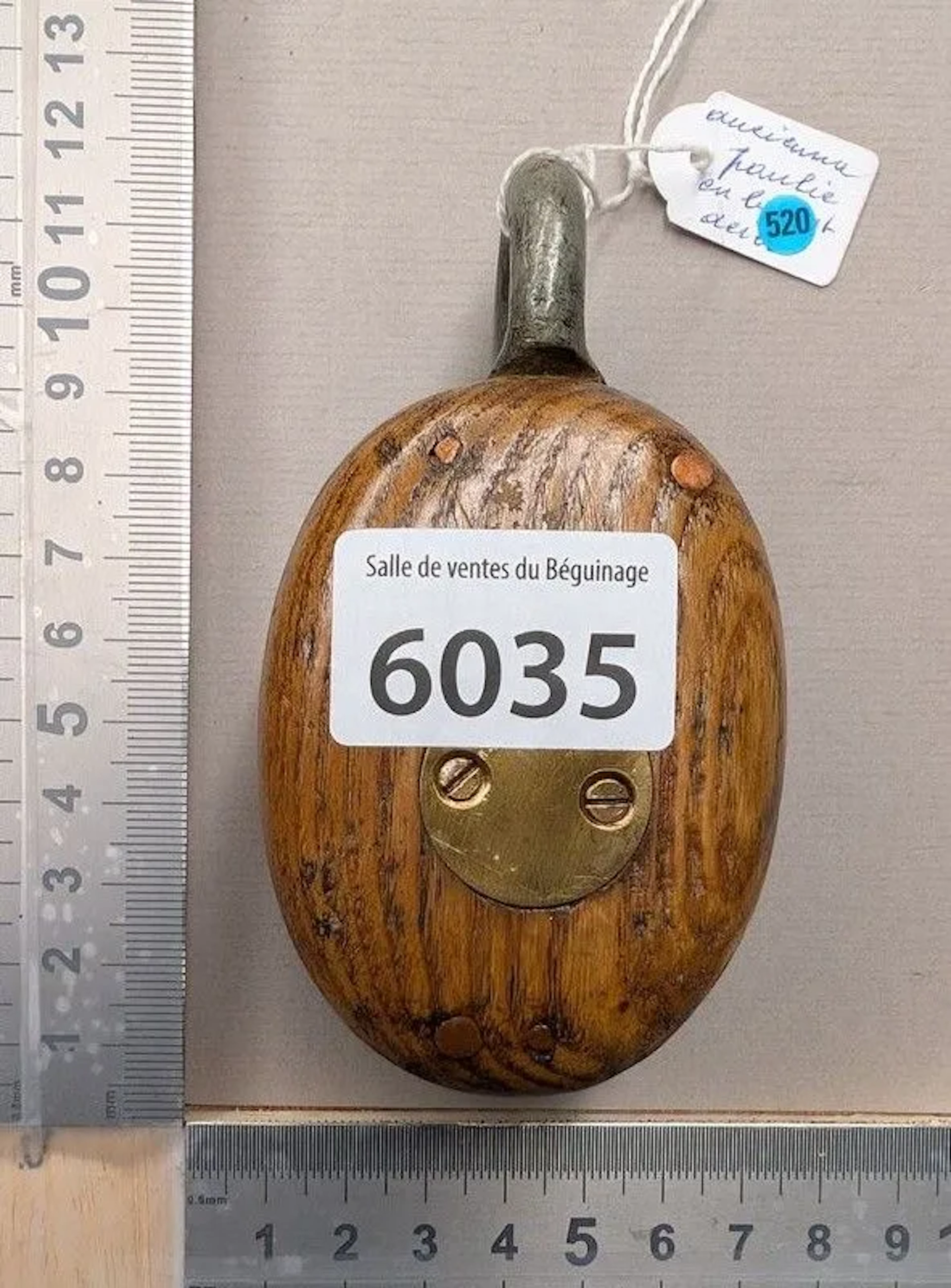 1 small antique pulley made of wood and steel—see photos for dimensions