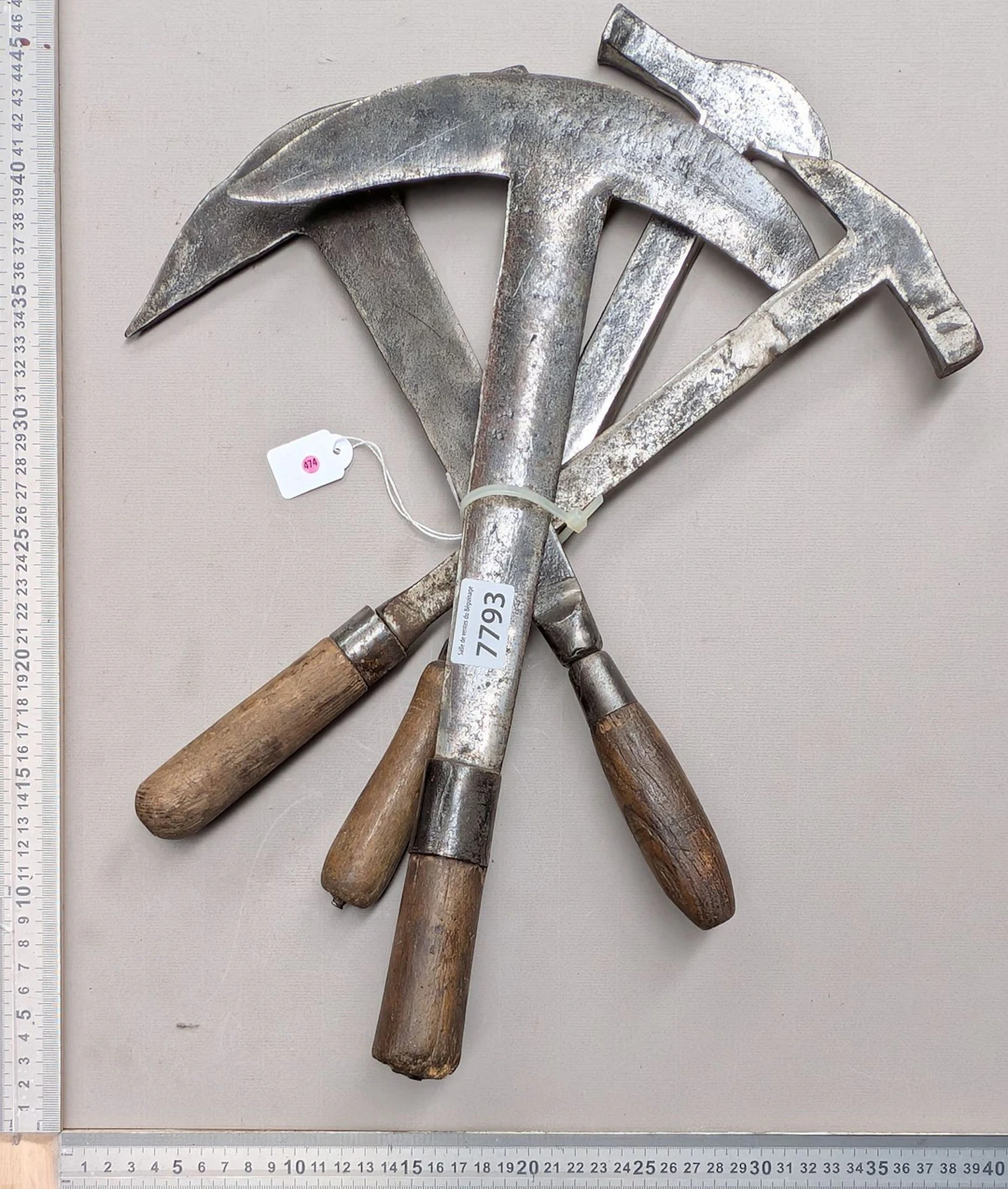 4 antique slate-cutting hammers—see photos for dimensions and condition