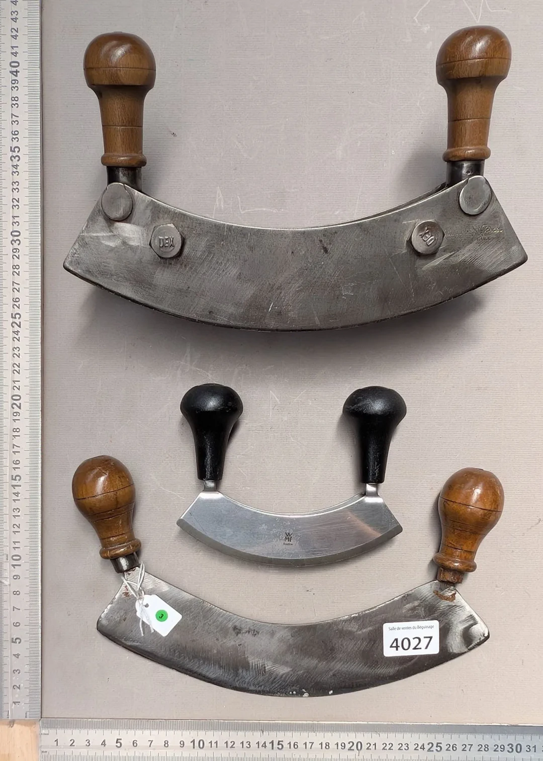3 antique wrought-iron kitchen meat grinders—see photos for dimensions