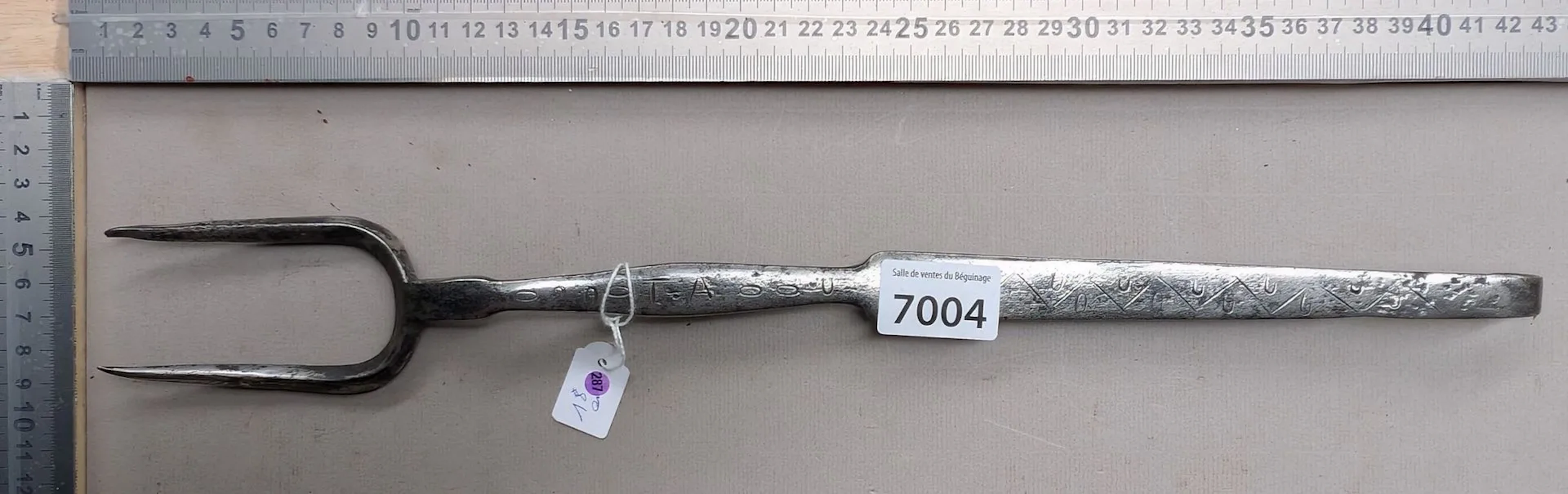 1 antique 18th-century wrought-iron hearth fork, 2 tines—see photos