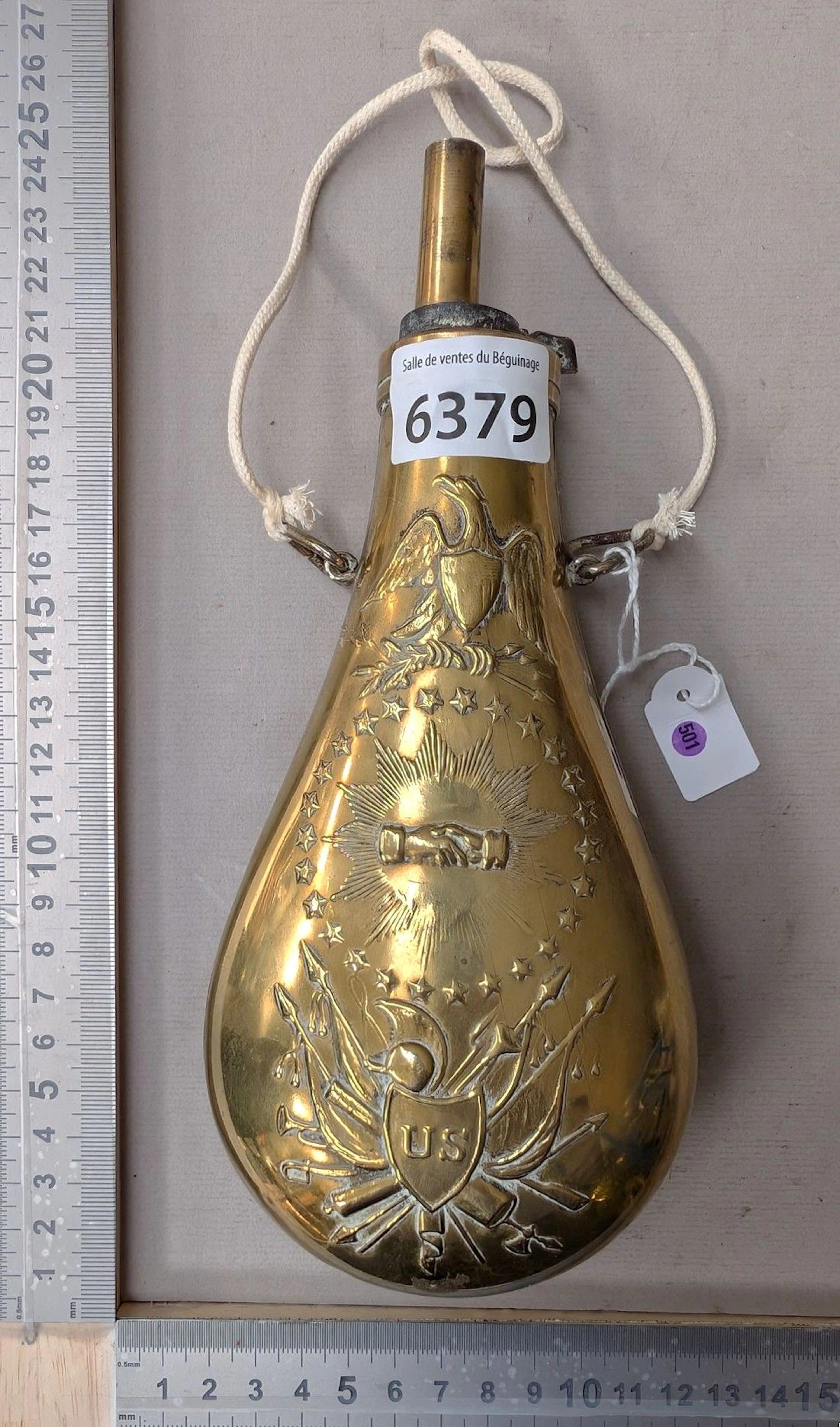 Antique powder flask—see photos for dimensions and condition