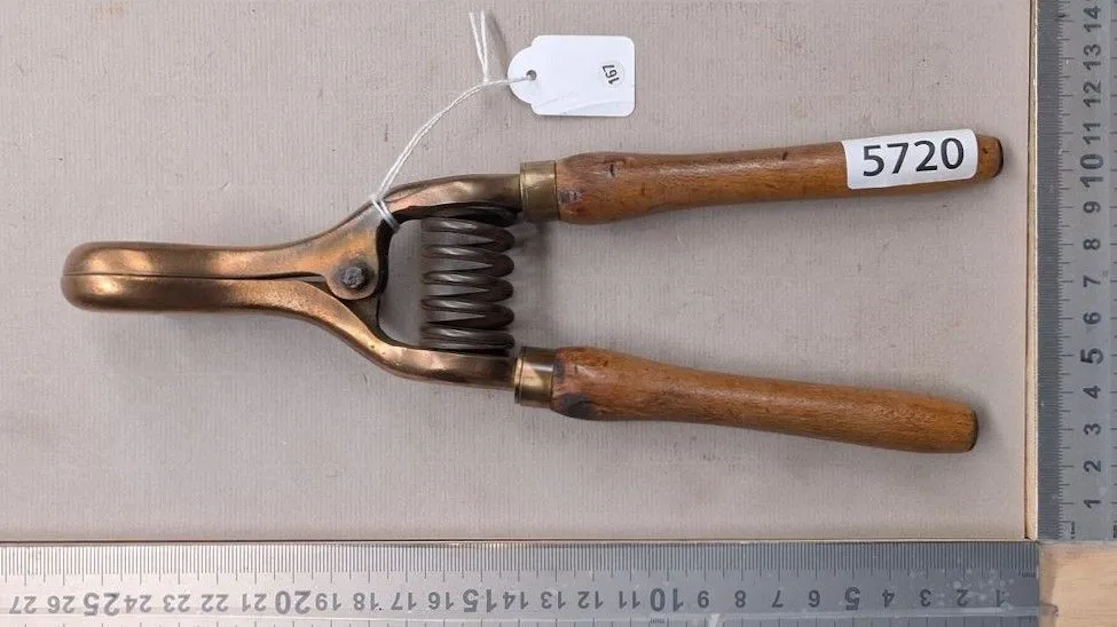 Antique bronze electrical clamp, wooden handle—see photos for dimensions