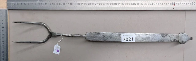 1 antique 18th-century wrought-iron hearth fork, 2 tines—see photos