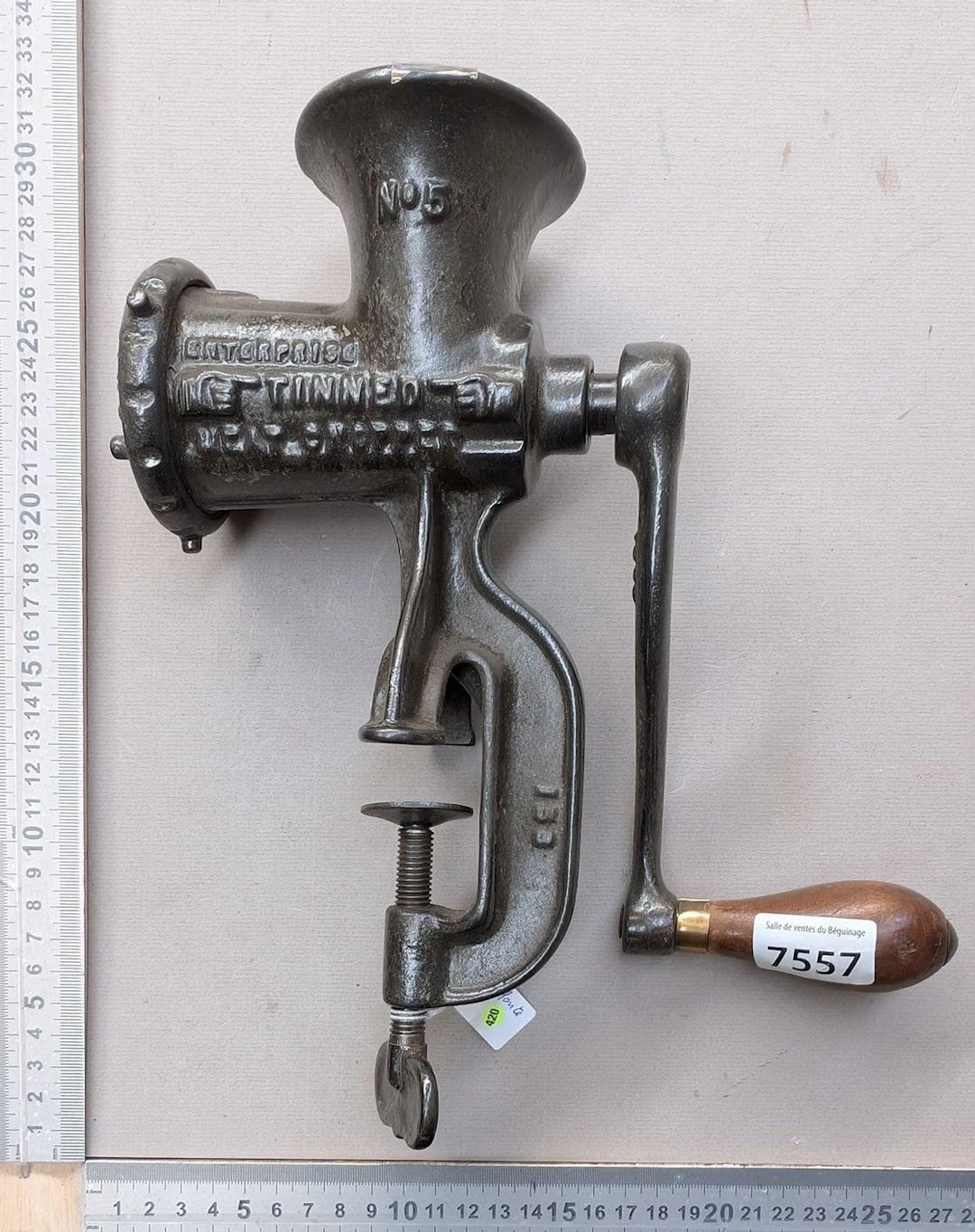 1 old small meat grinder—see photos for dimensions and condition