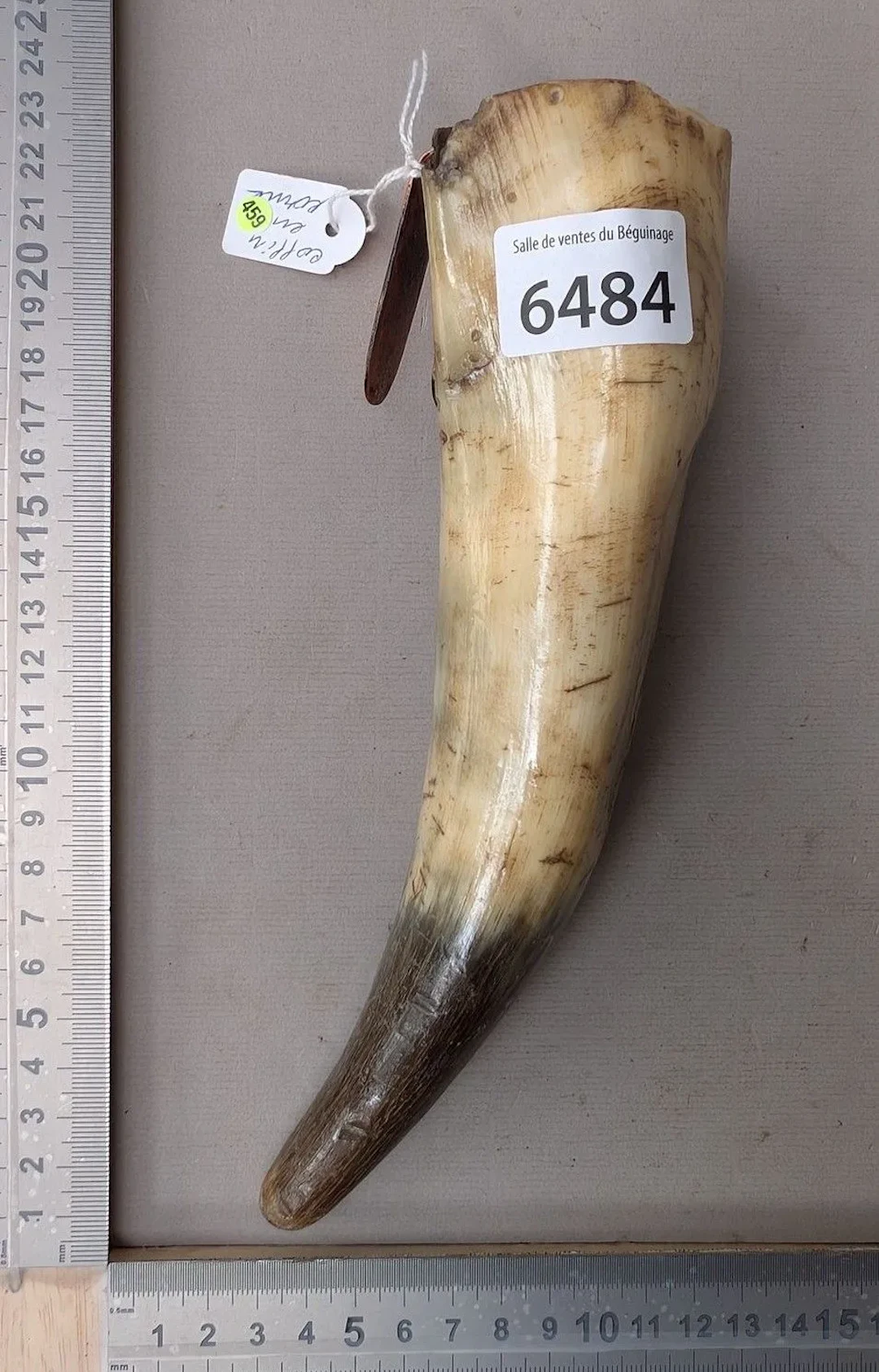 1 horn coffin + 1 stone—see photos for dimensions and condition