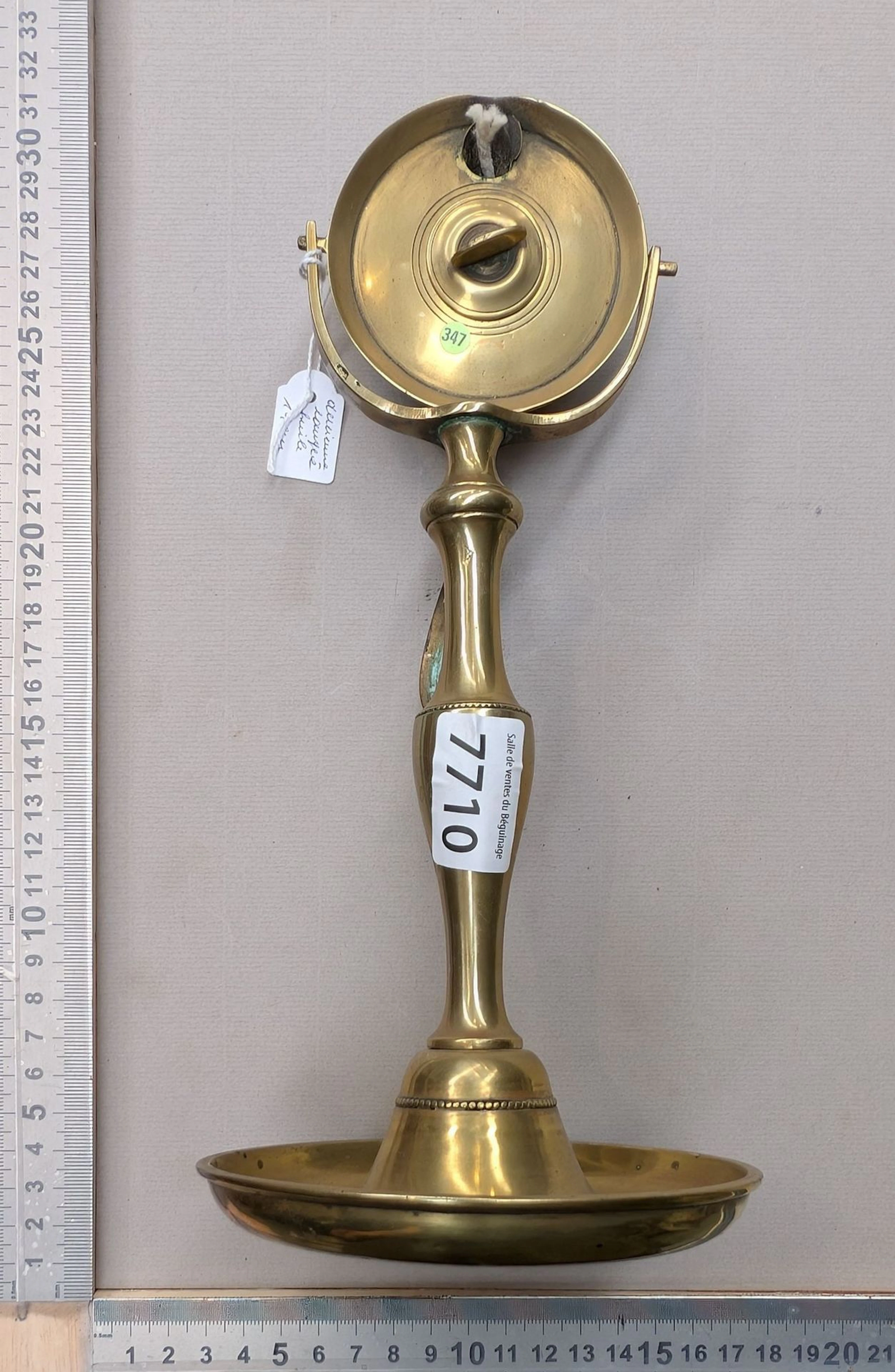 Antique 18th-century brass oil lamp—see photos for dimensions and condition