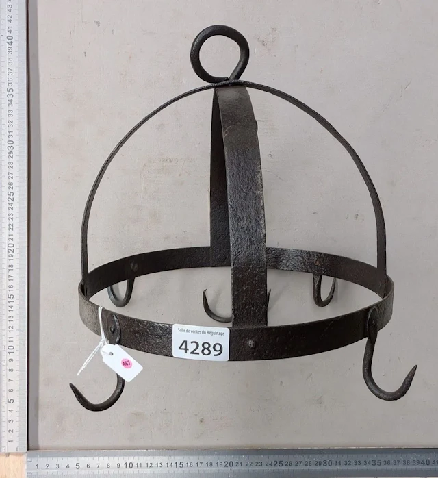 1 antique kitchen hook rack with 4 wrought-iron hooks—see photos for
