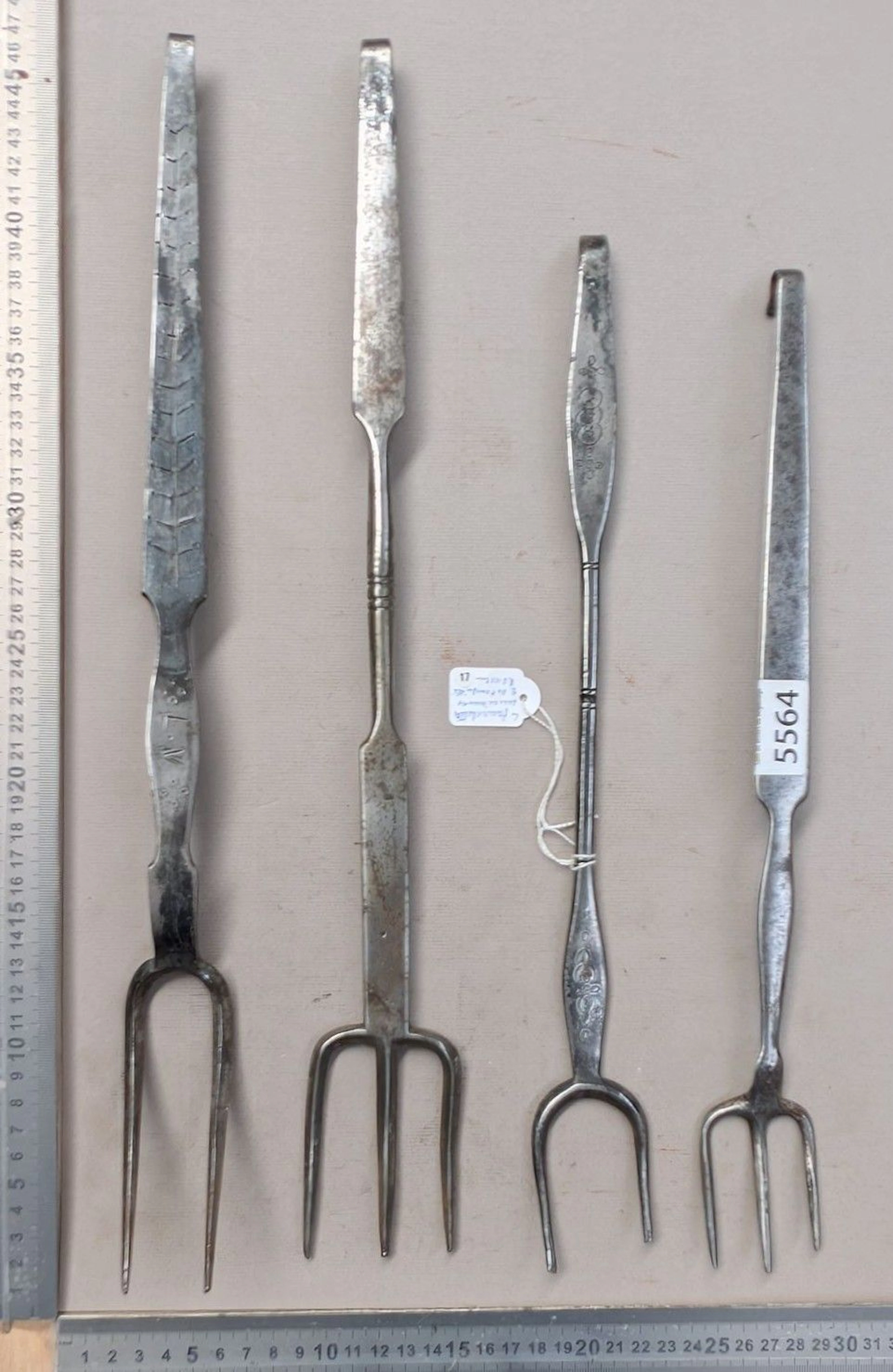 4 18th-century roasting forks, 2 of which are stamped—see photos for