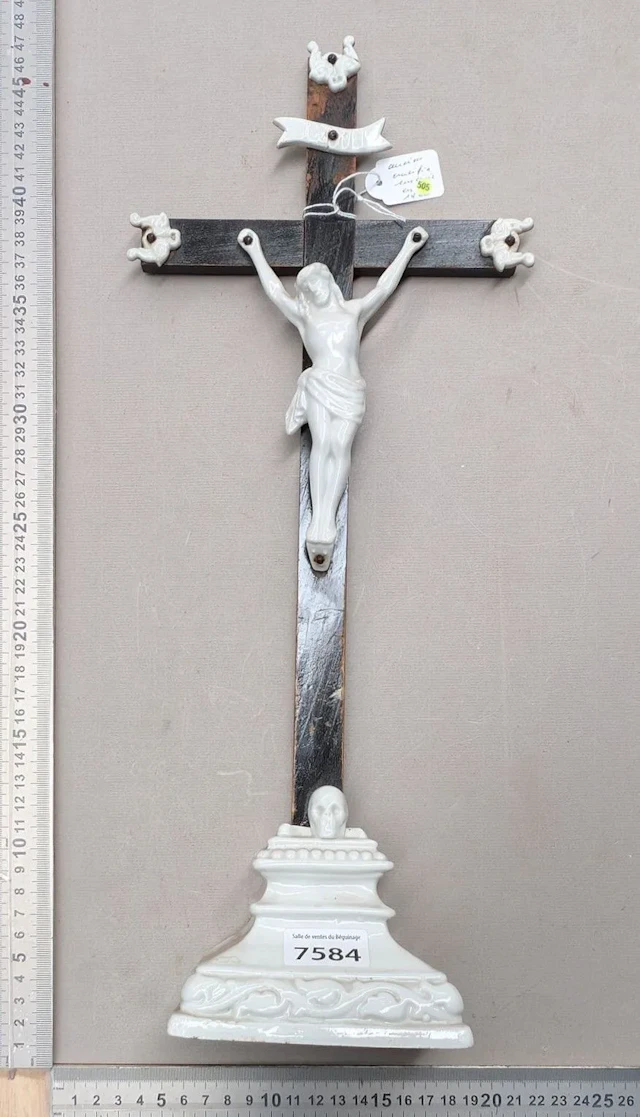 1 antique earthenware crucifix with base—see photos for dimensions