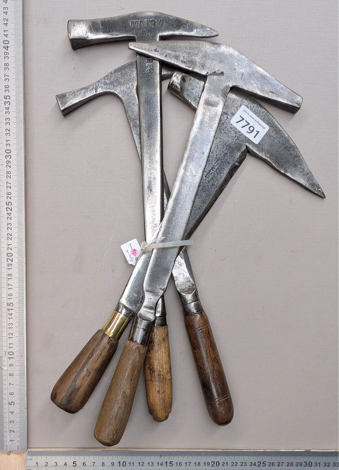 4 antique slate-cutting hammers—see photos for dimensions and condition