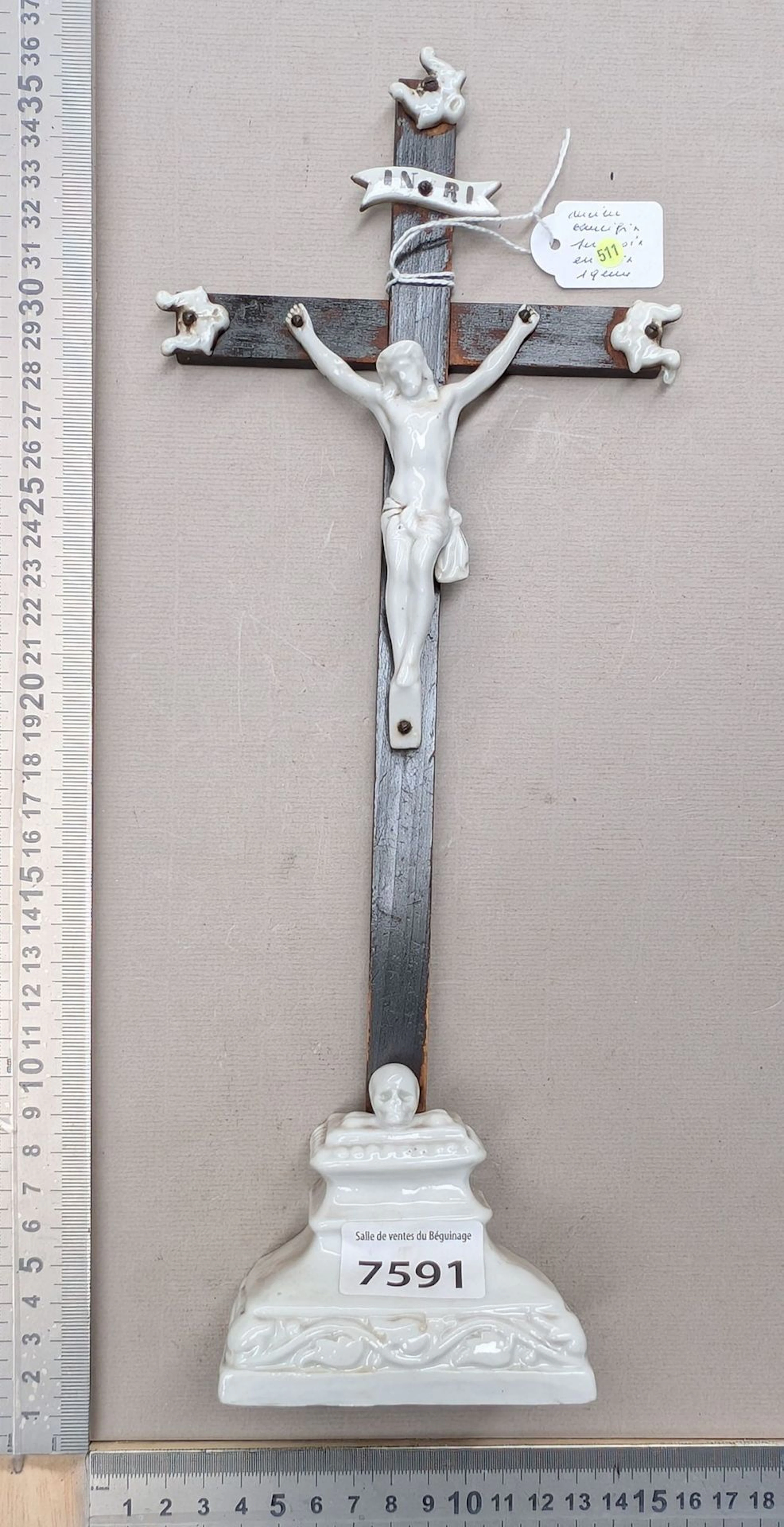 1 antique earthenware crucifix with base—see photos for dimensions