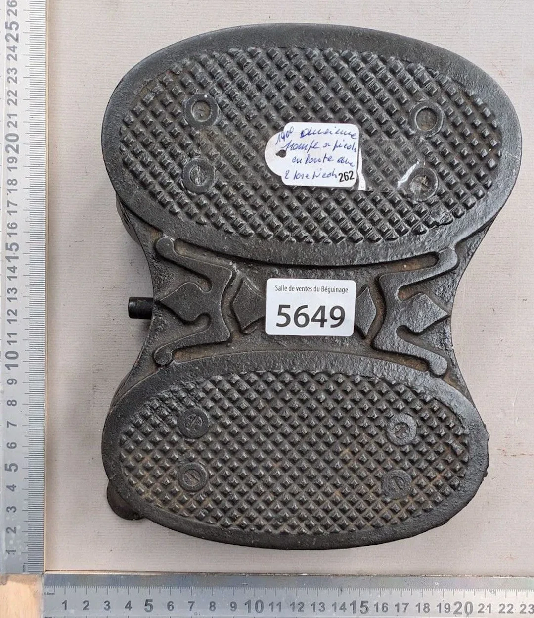 Antique cast-iron foot pump with two footrests, 1900—See photos for