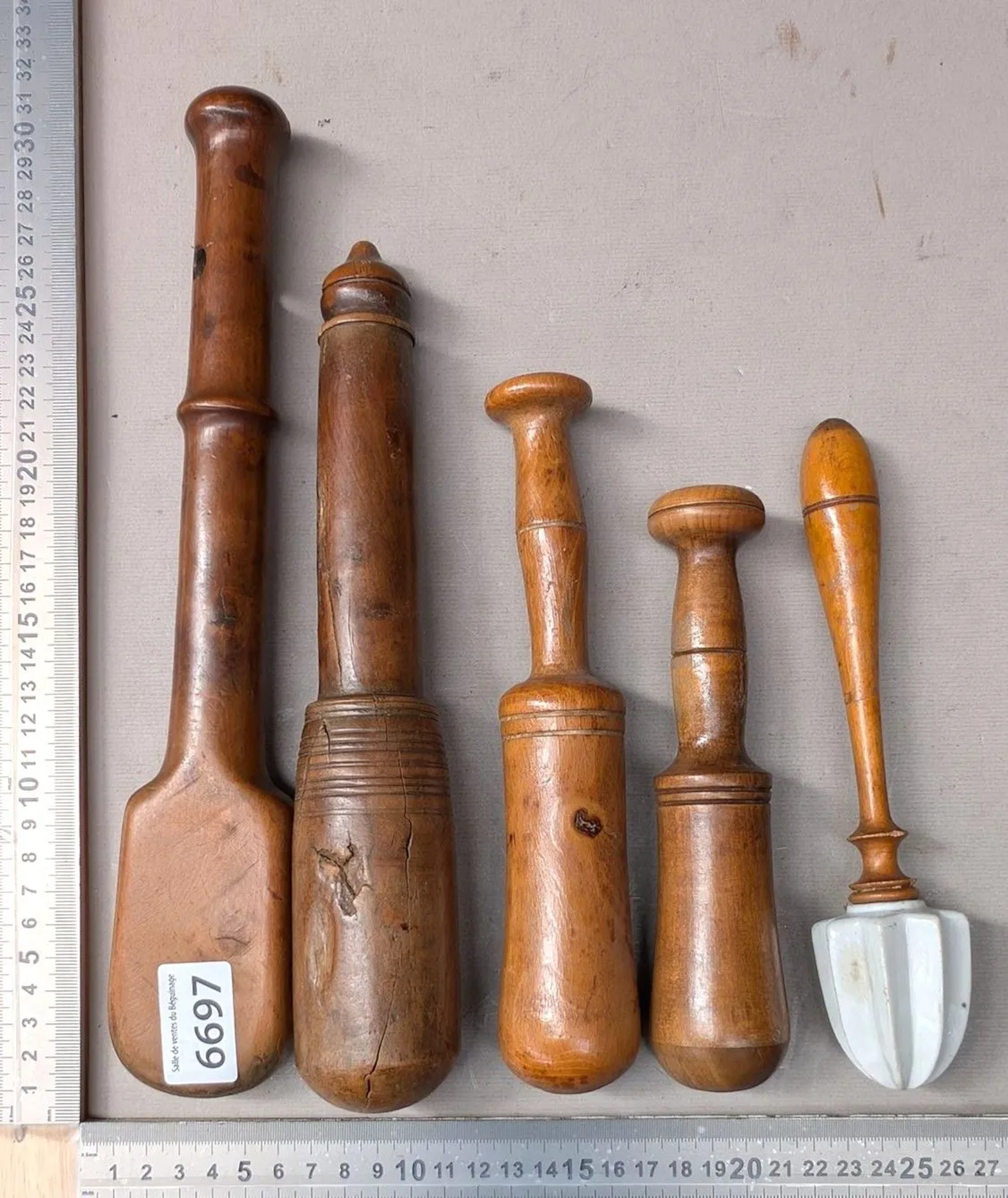 5 antique mortar pestles—see photos for dimensions and condition