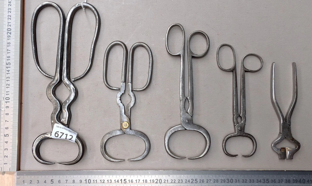 5 antique 19th-century sugar tongs—see photos for dimensions and condition
