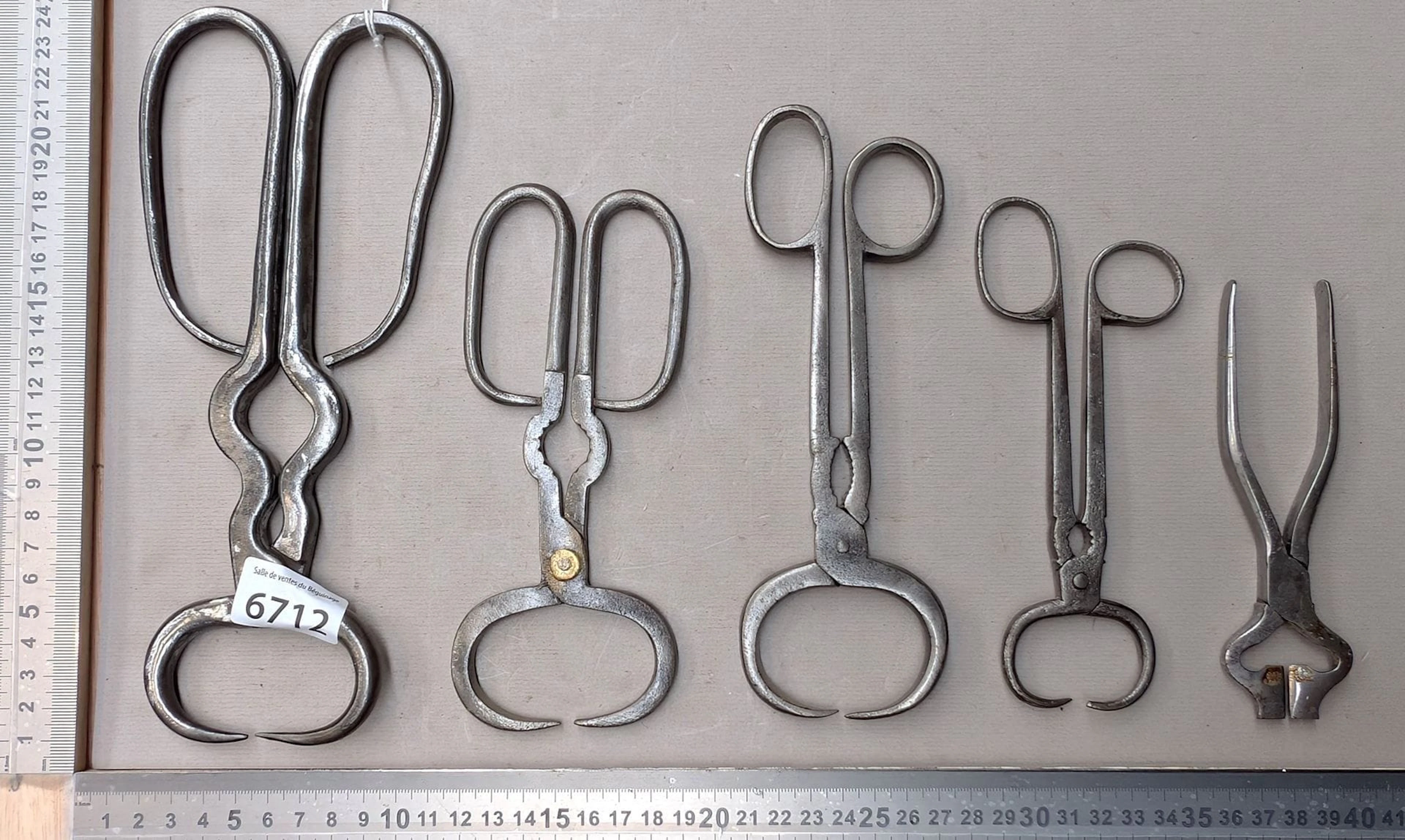 5 antique 19th-century sugar tongs—see photos for dimensions and condition