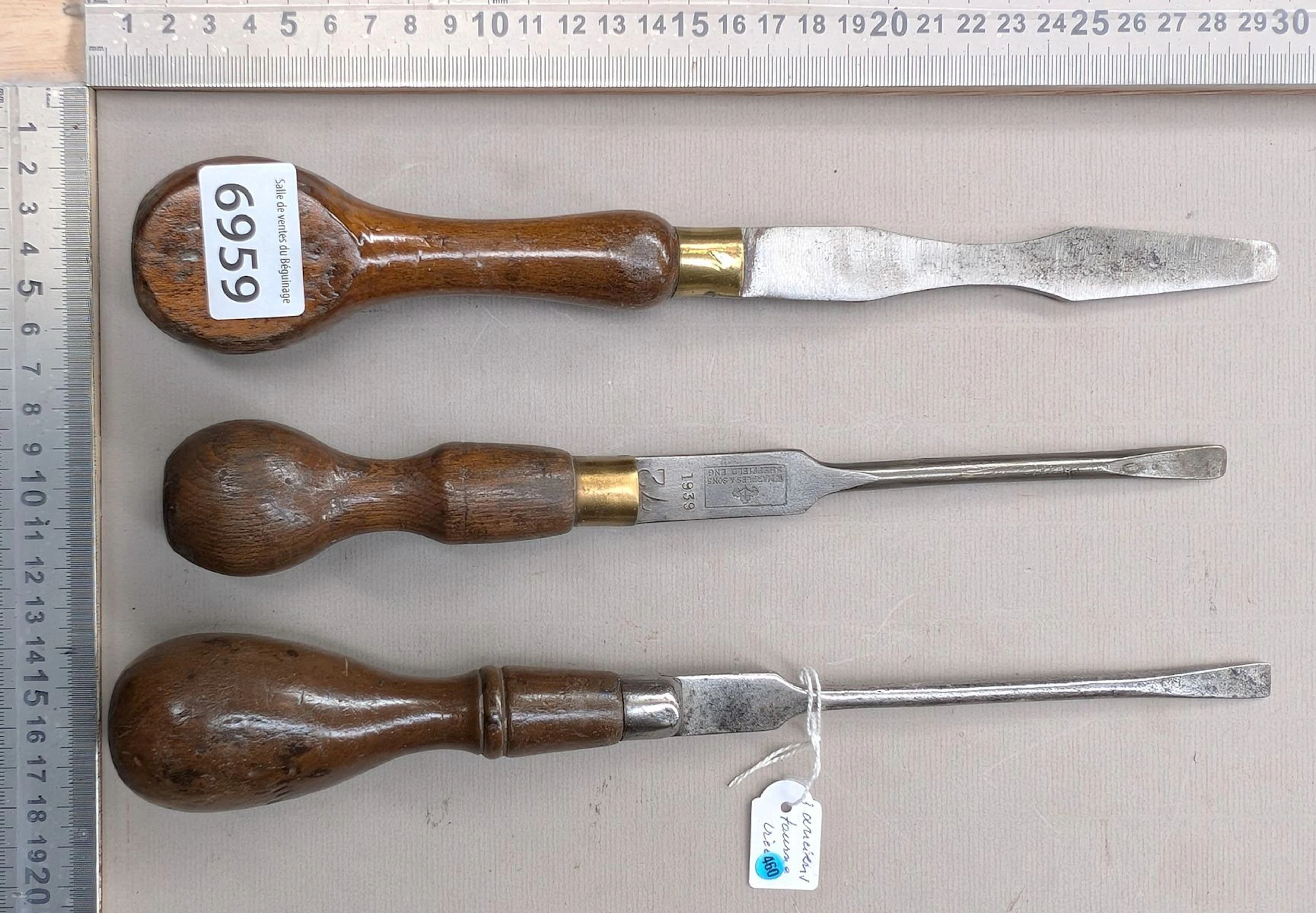 3 antique screwdrivers with wooden handles—see photos for dimensions