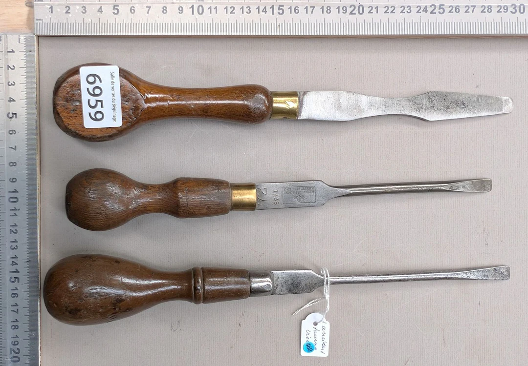 3 antique screwdrivers with wooden handles—see photos for dimensions