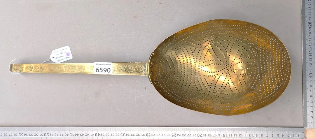 1 18th-century brass milk-curdling strainer—see photos for dimensions