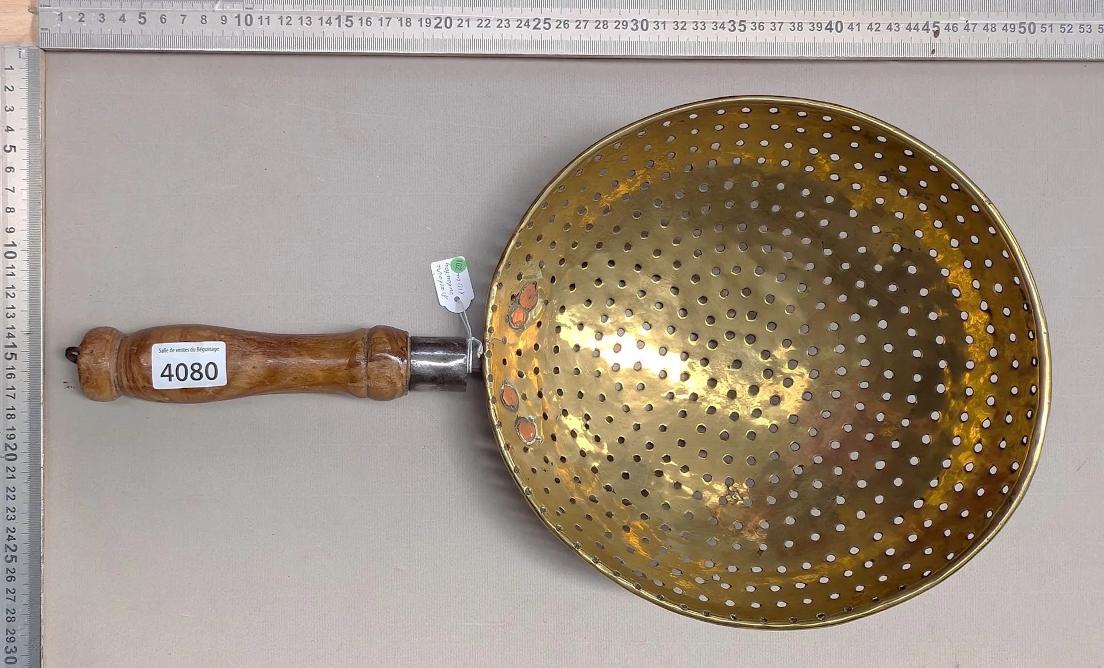 18th-century brass colander with wrought-iron frame—see photos for