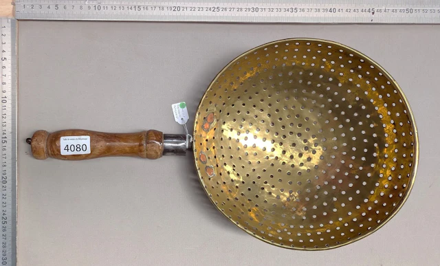 18th-century brass colander with wrought-iron frame—see photos for