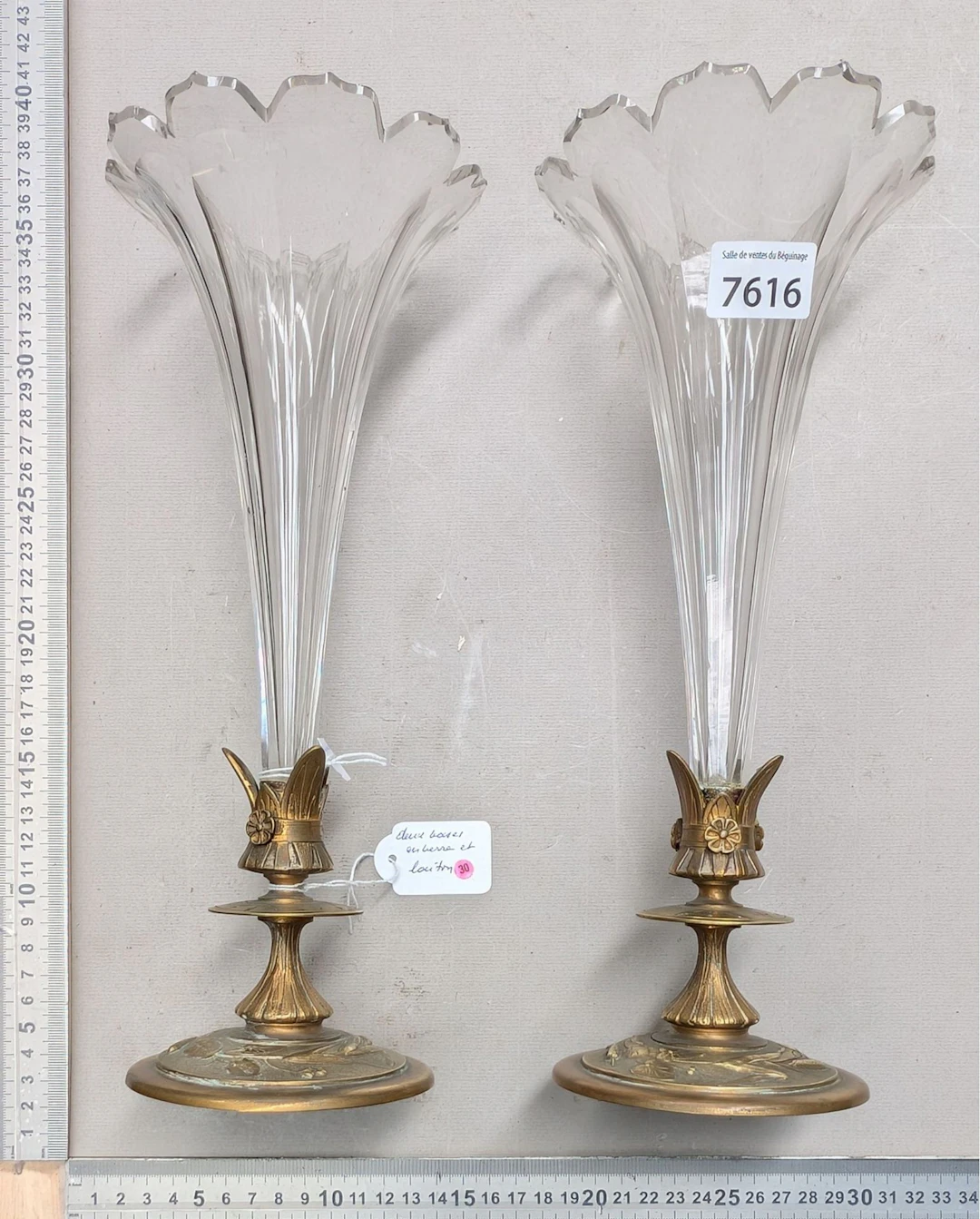 2 glass and brass vases—see photos for dimensions and condition