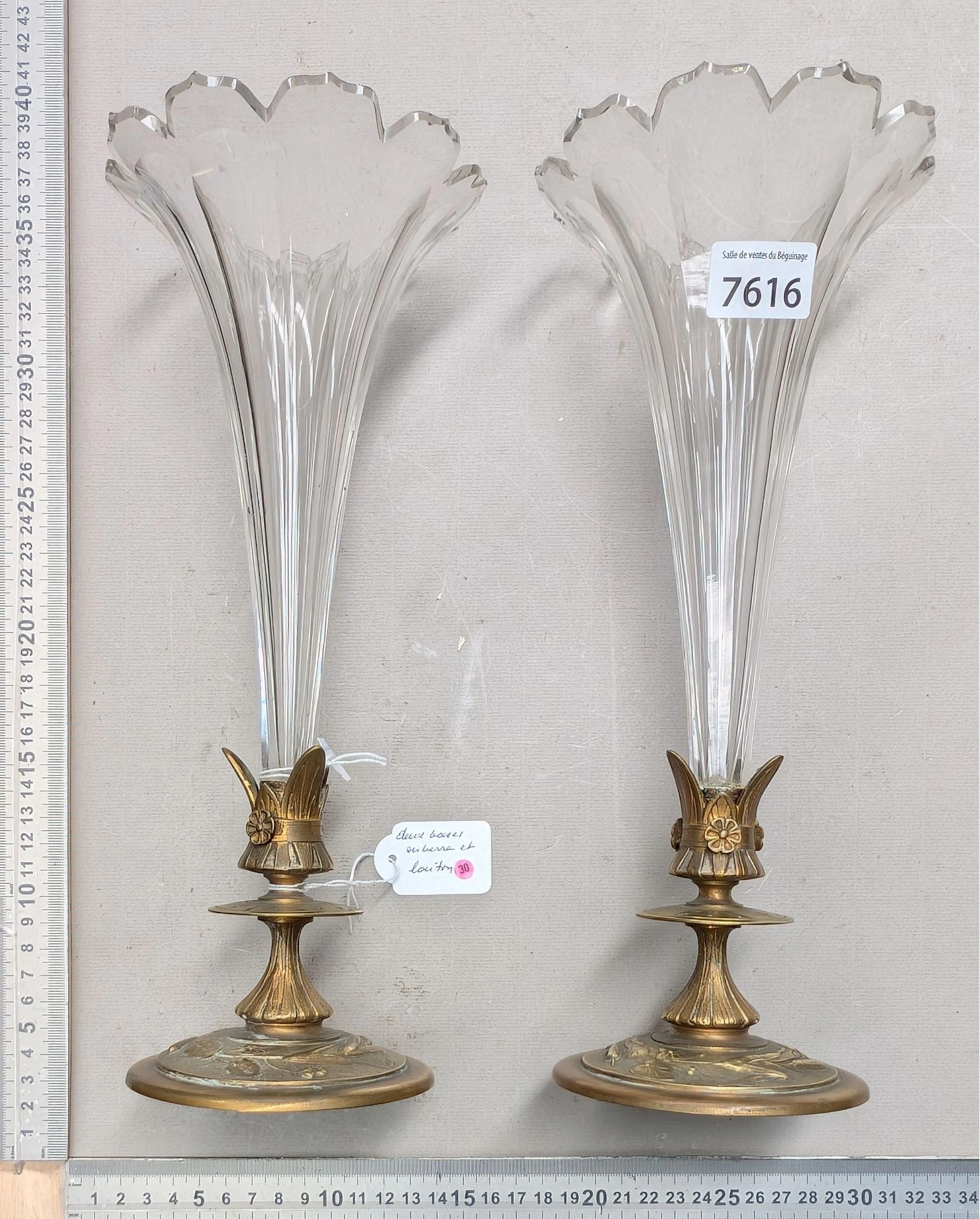 2 glass and brass vases—see photos for dimensions and condition