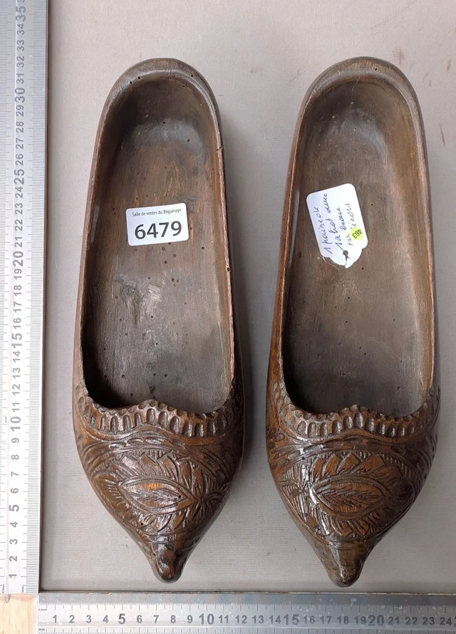 1 pair of antique clogs, engraved design—see photos for dimensions