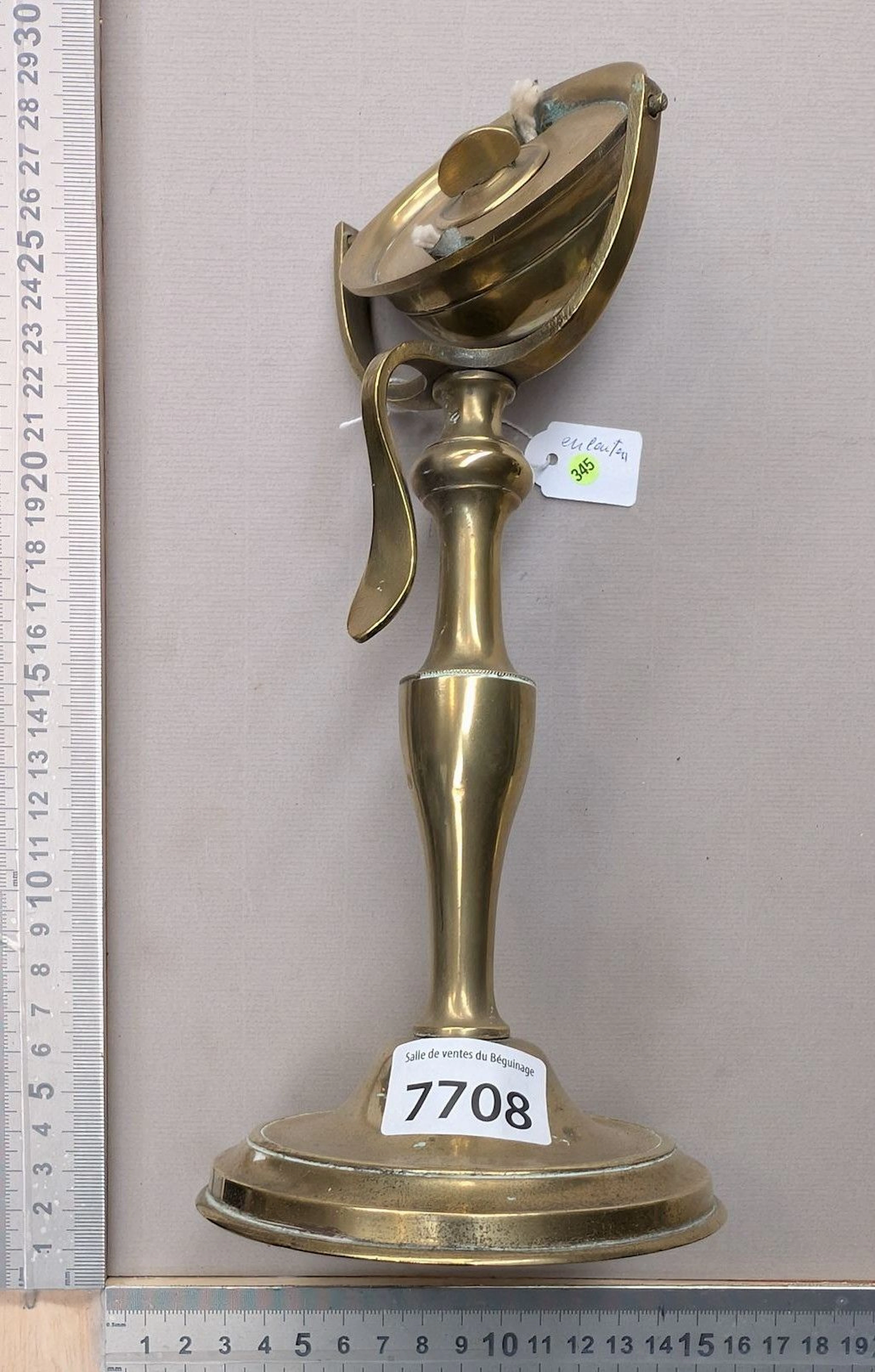 Antique 18th-century brass oil lamp—see photos for dimensions and condition
