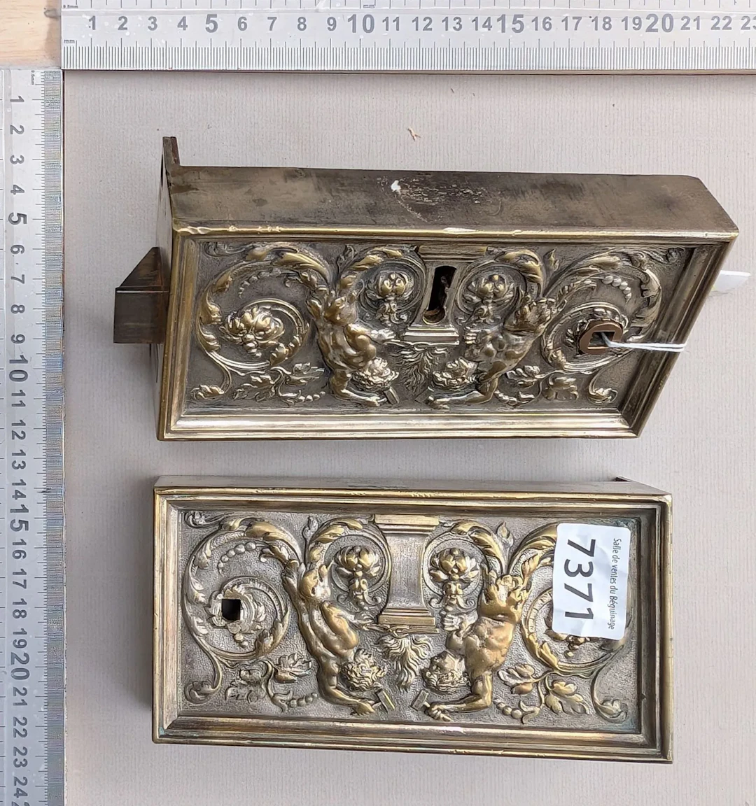 Antique bronze lock with beautiful decoration—see photos for dimensions
